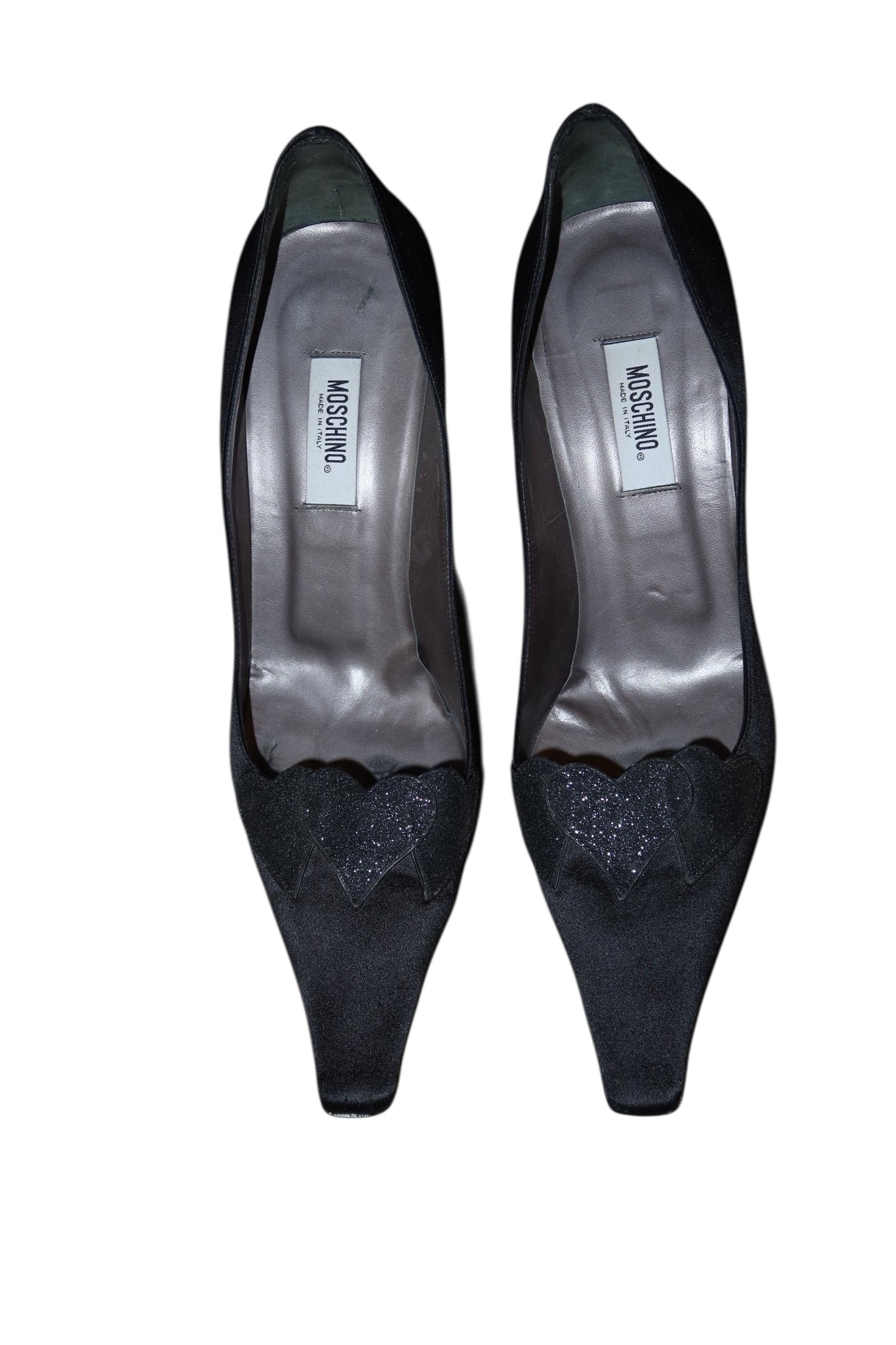 Moschino black satin heels with glitter hearts (39.5)