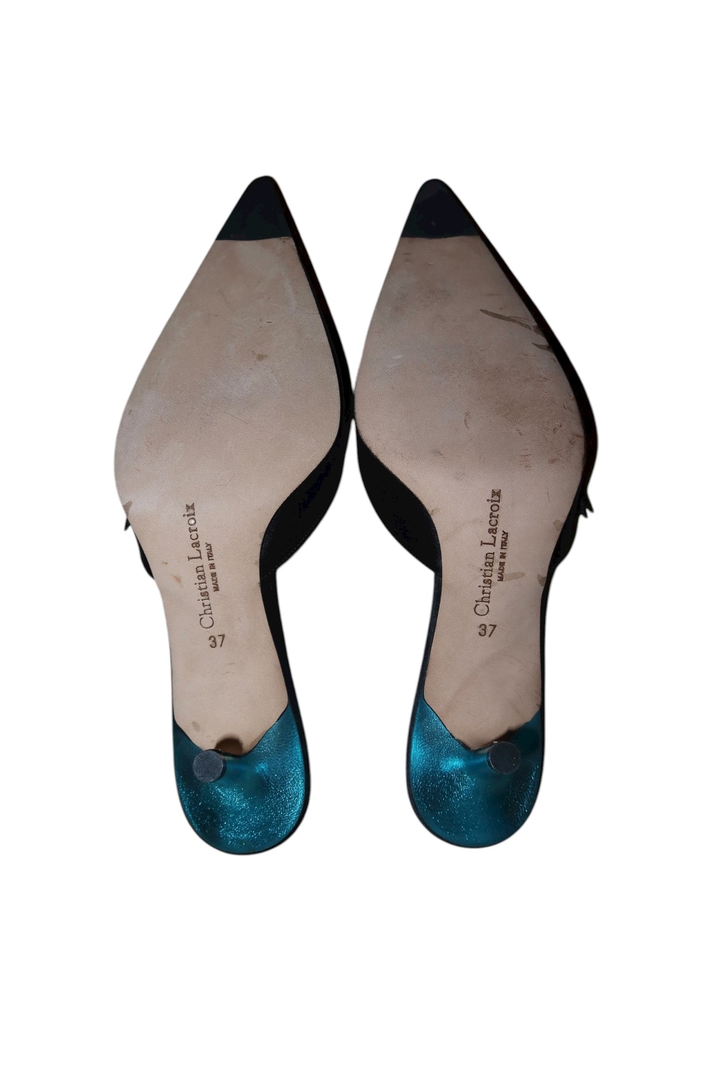 Christian Lacroix black satin heels with bow and blue rhinestone (37)