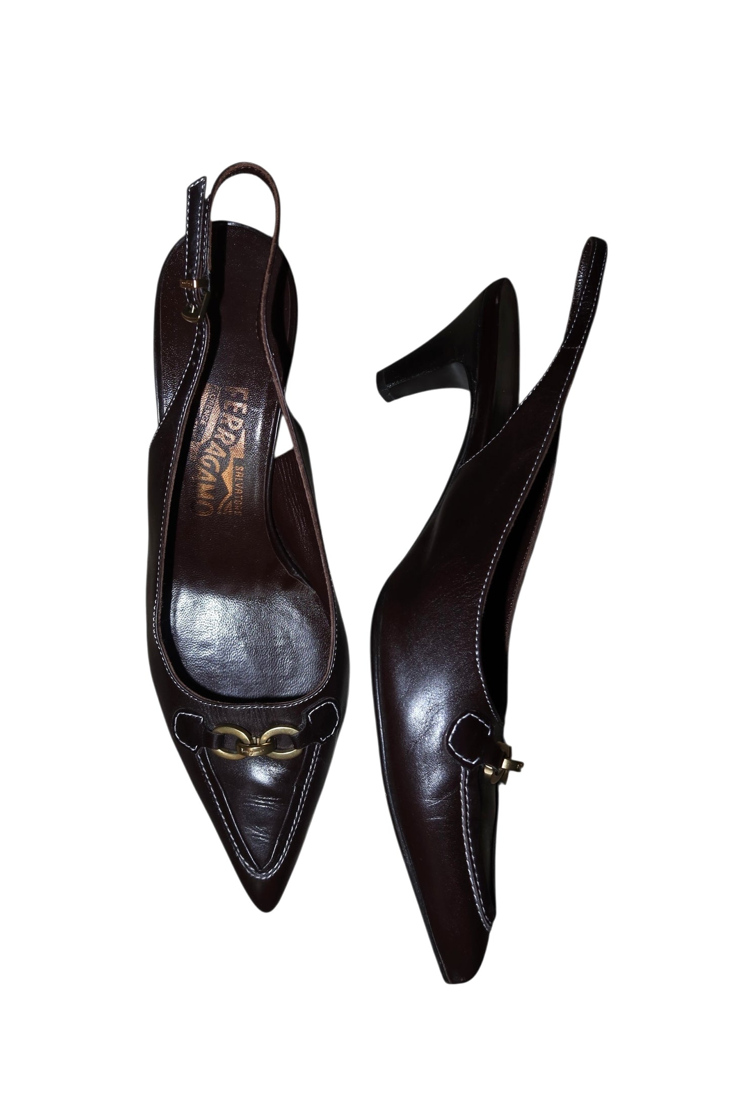 Ferragamo brown slingback heels with gold accents (8.5B)