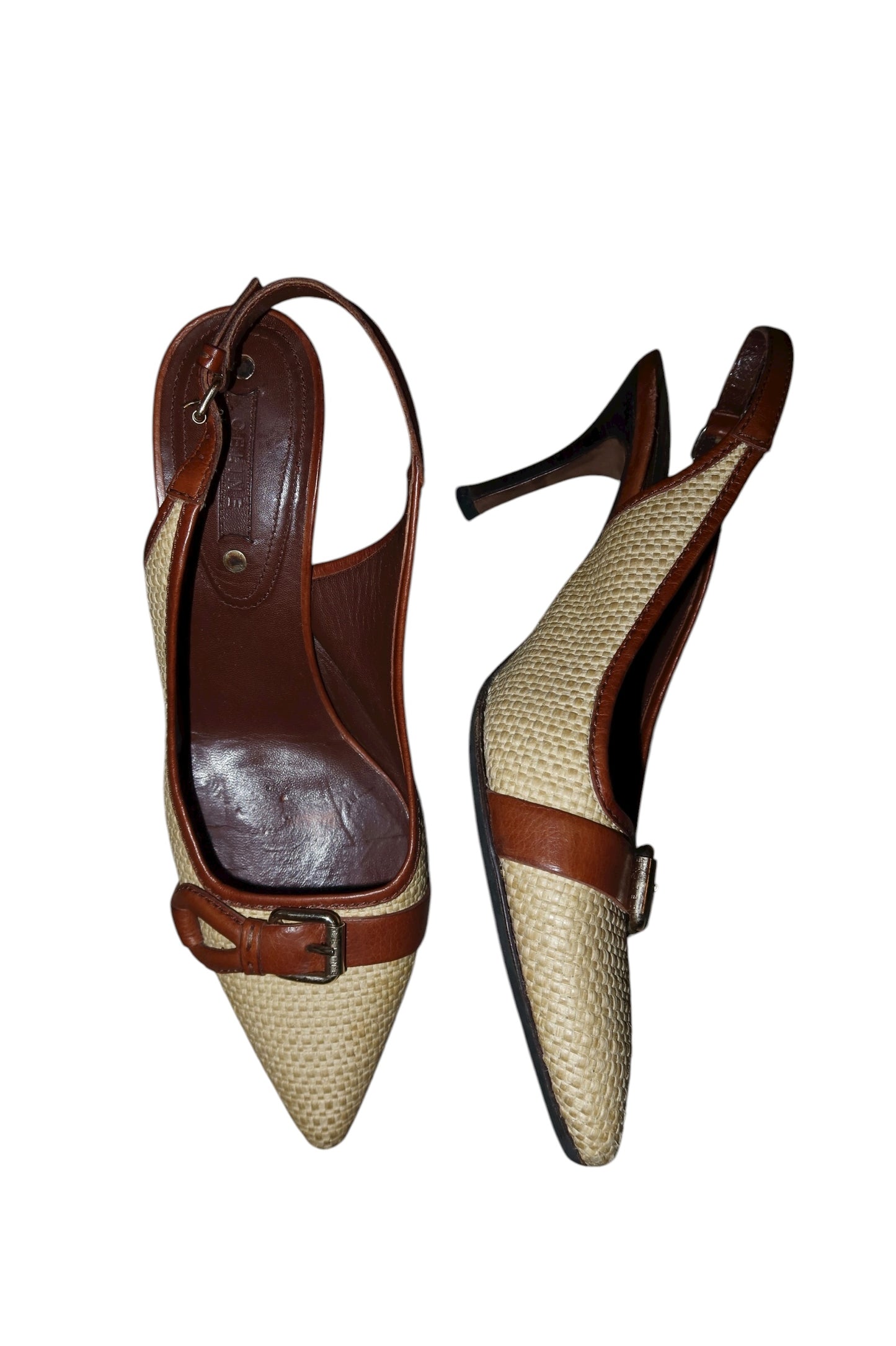 Celine raffia slingback heels with brown leather buckle accent (38.5)