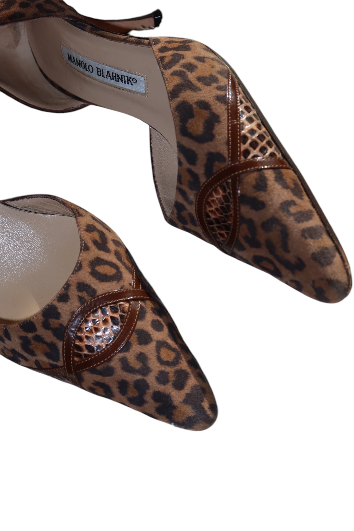 Manolo Blahnik leopard pony hair heels with snake skin trim detail (37.5)