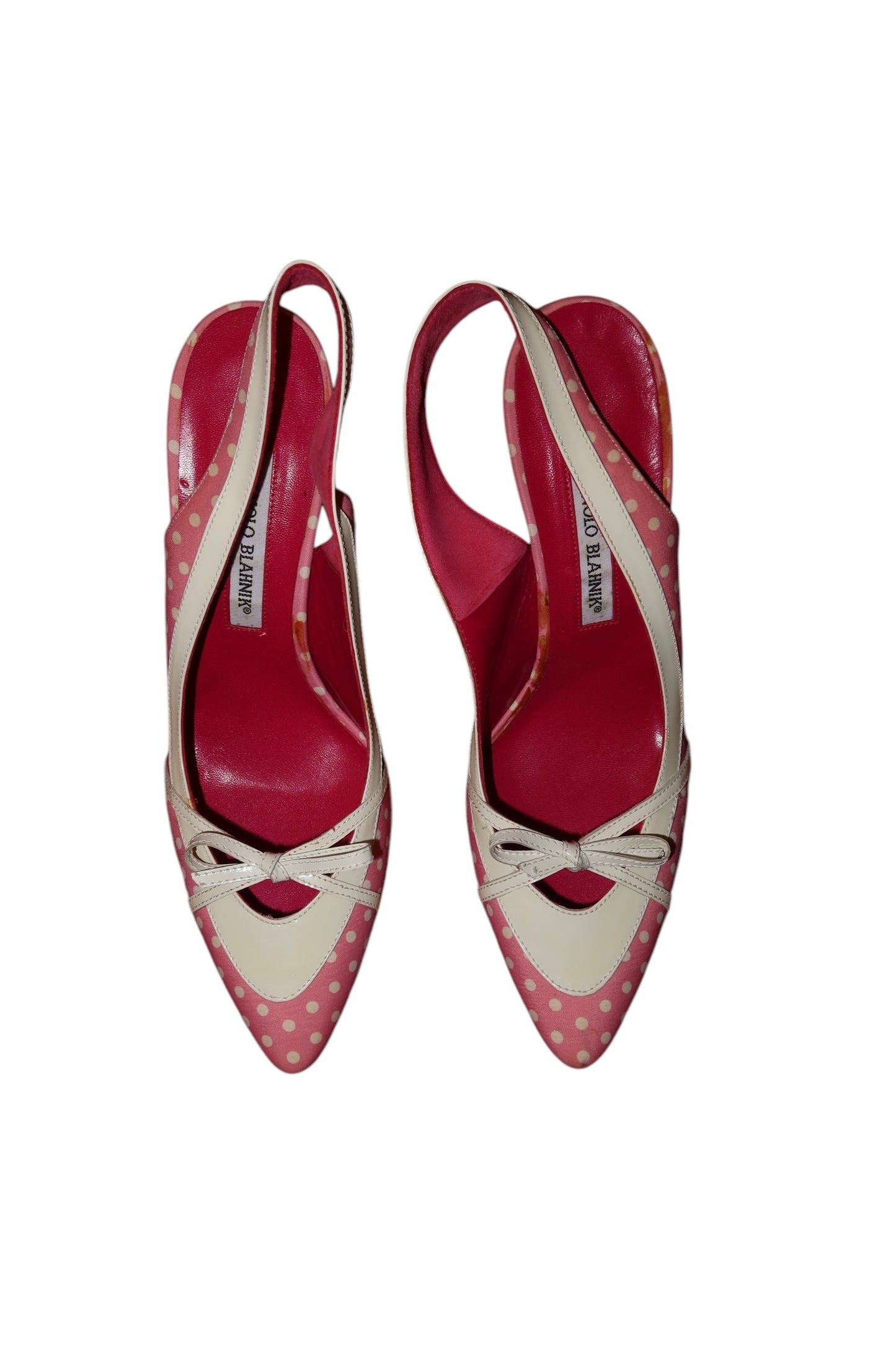 Manolo Blahnik pink and white polka dot heels with white bow (39.5)