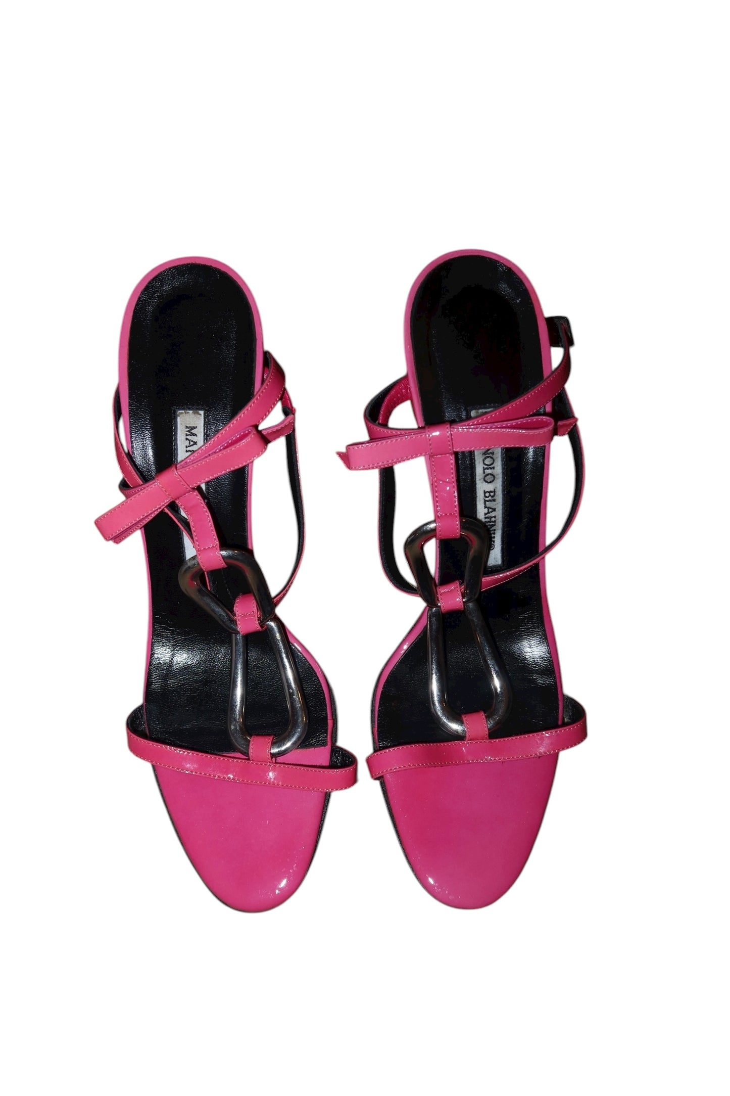 Manolo Blahnik hot pink heels with geometric hardware and bow details (39.5)