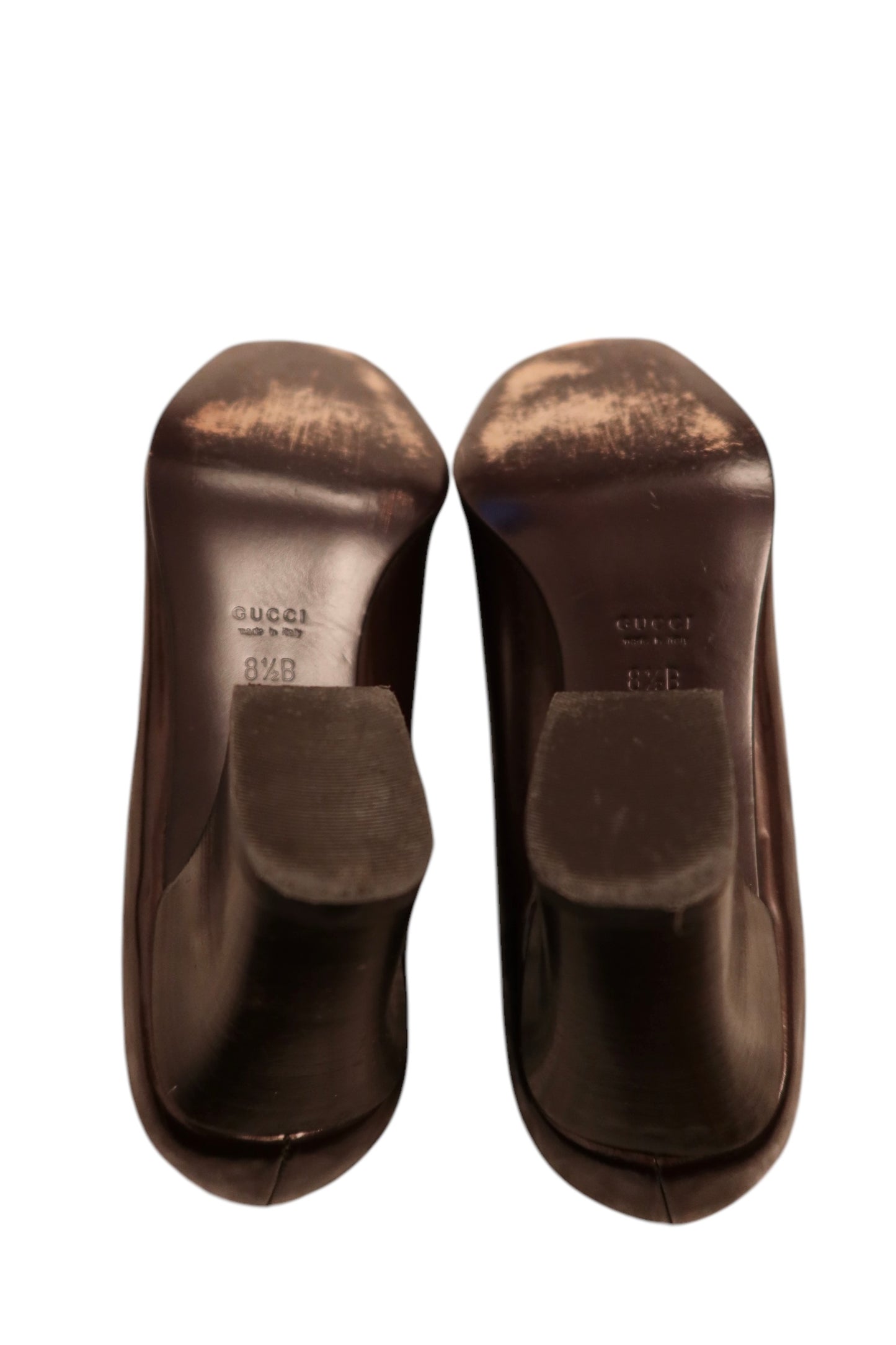 Gucci shiny brown patent leather loafer heels (8.5B)