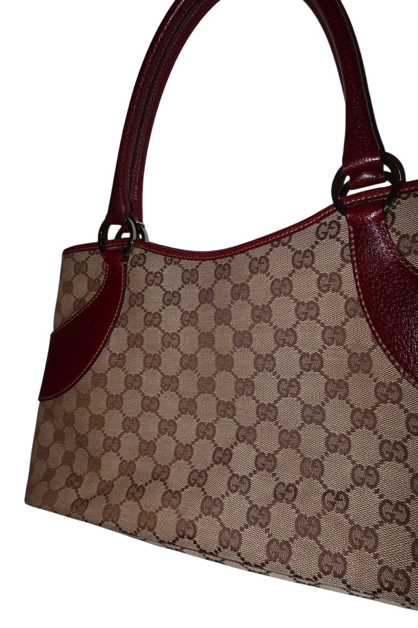 Gucci monogram shoulder bag with burgundy leather detail