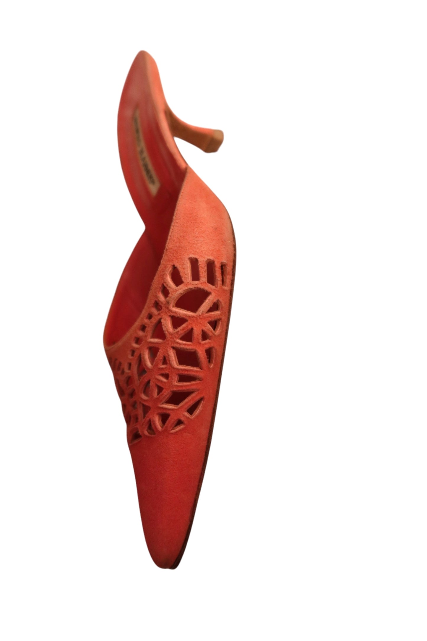 Manolo Blahnik salmon laser cut suede mules (39)