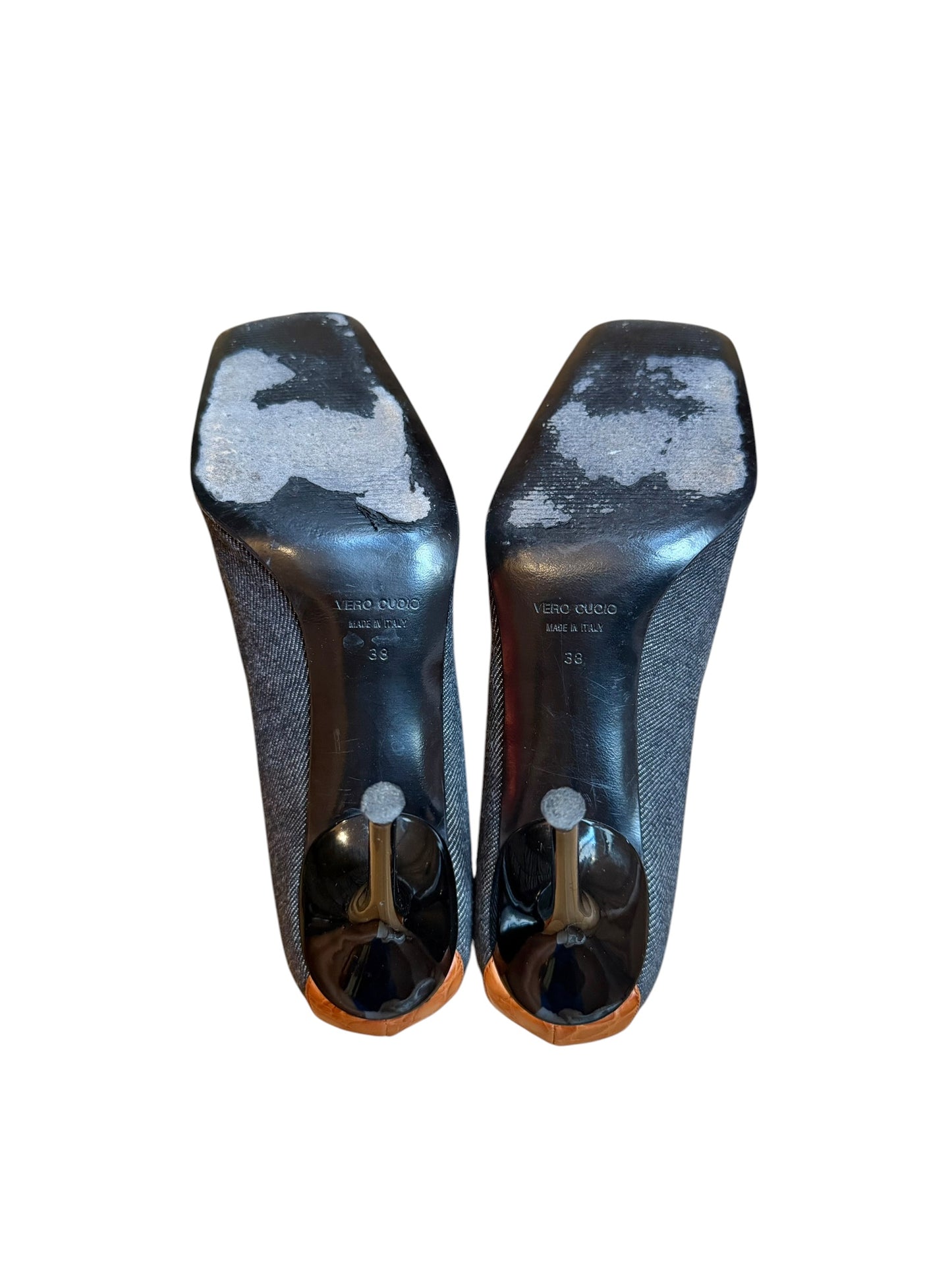 Dolce & Gabbana denim square toe heels with front leather strap (38)
