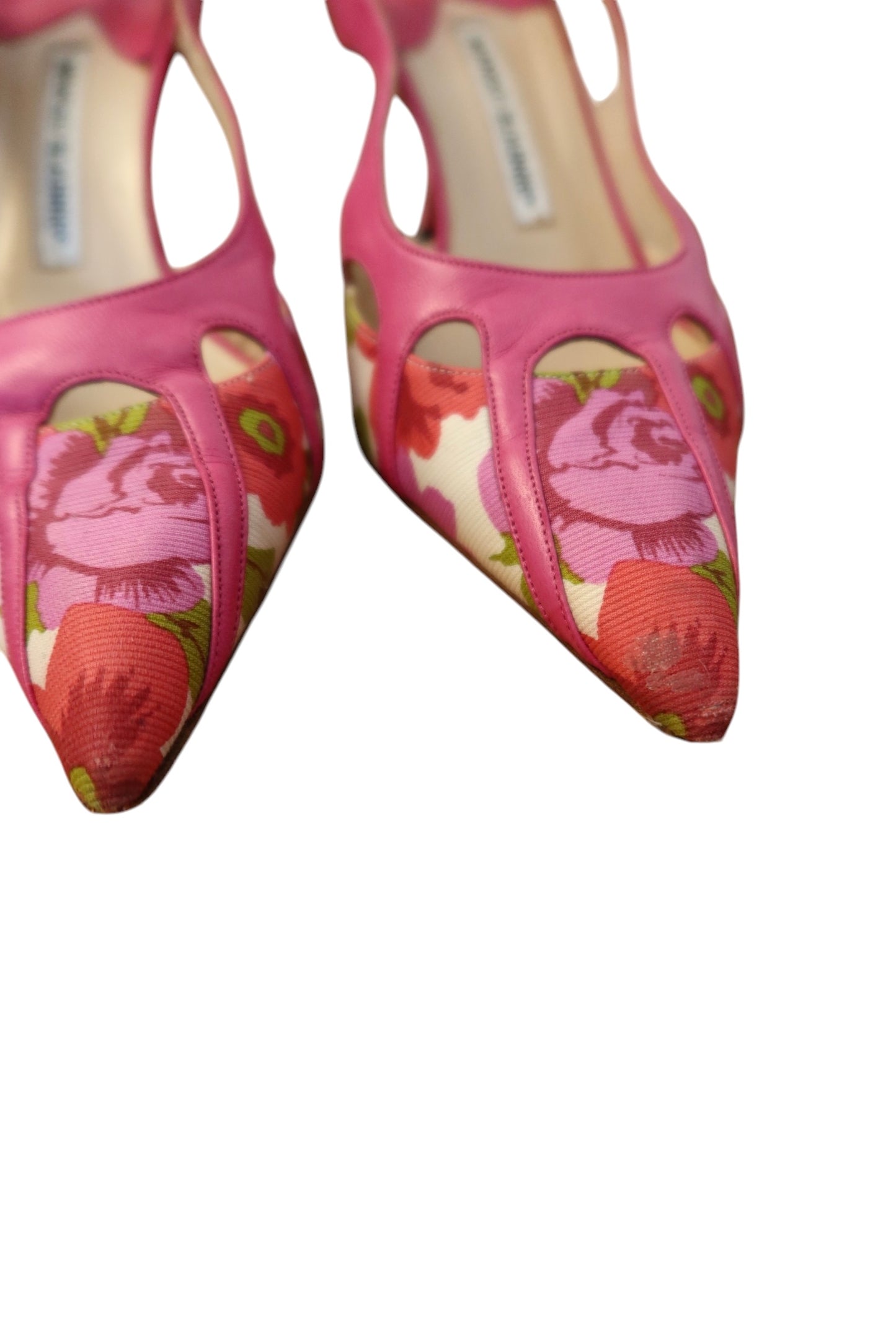 Manolo Blahnik pink floral print slingback heels (38.5)