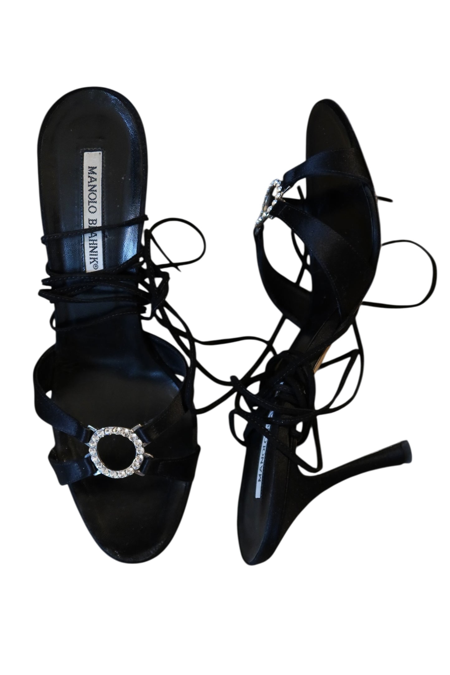 Manolo Blahnik black satin heels with crystal buckle embellishment (38.5)