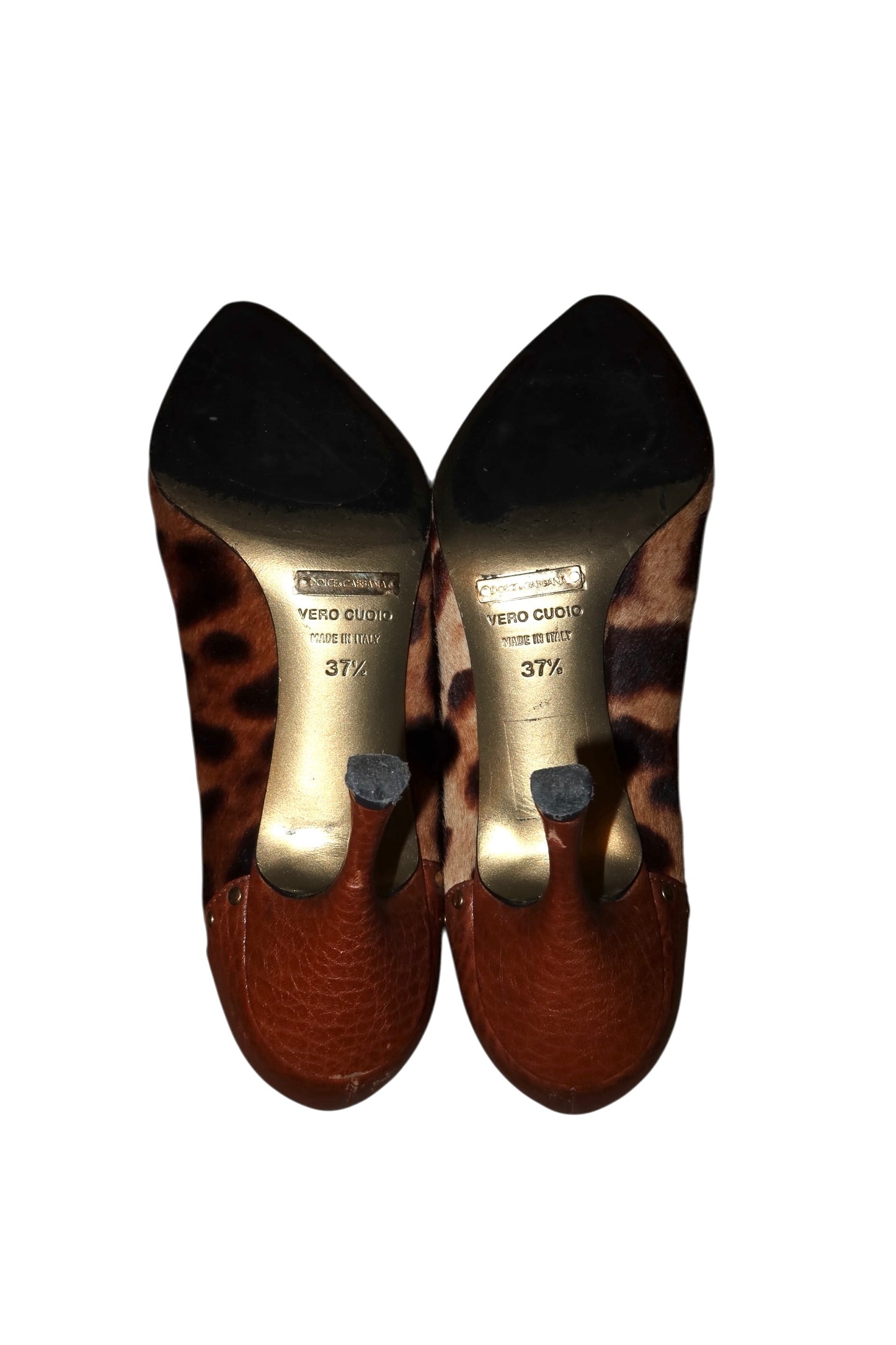 Dolce & Gabbana cheetah ponyhair and tan leather heels (37.5)