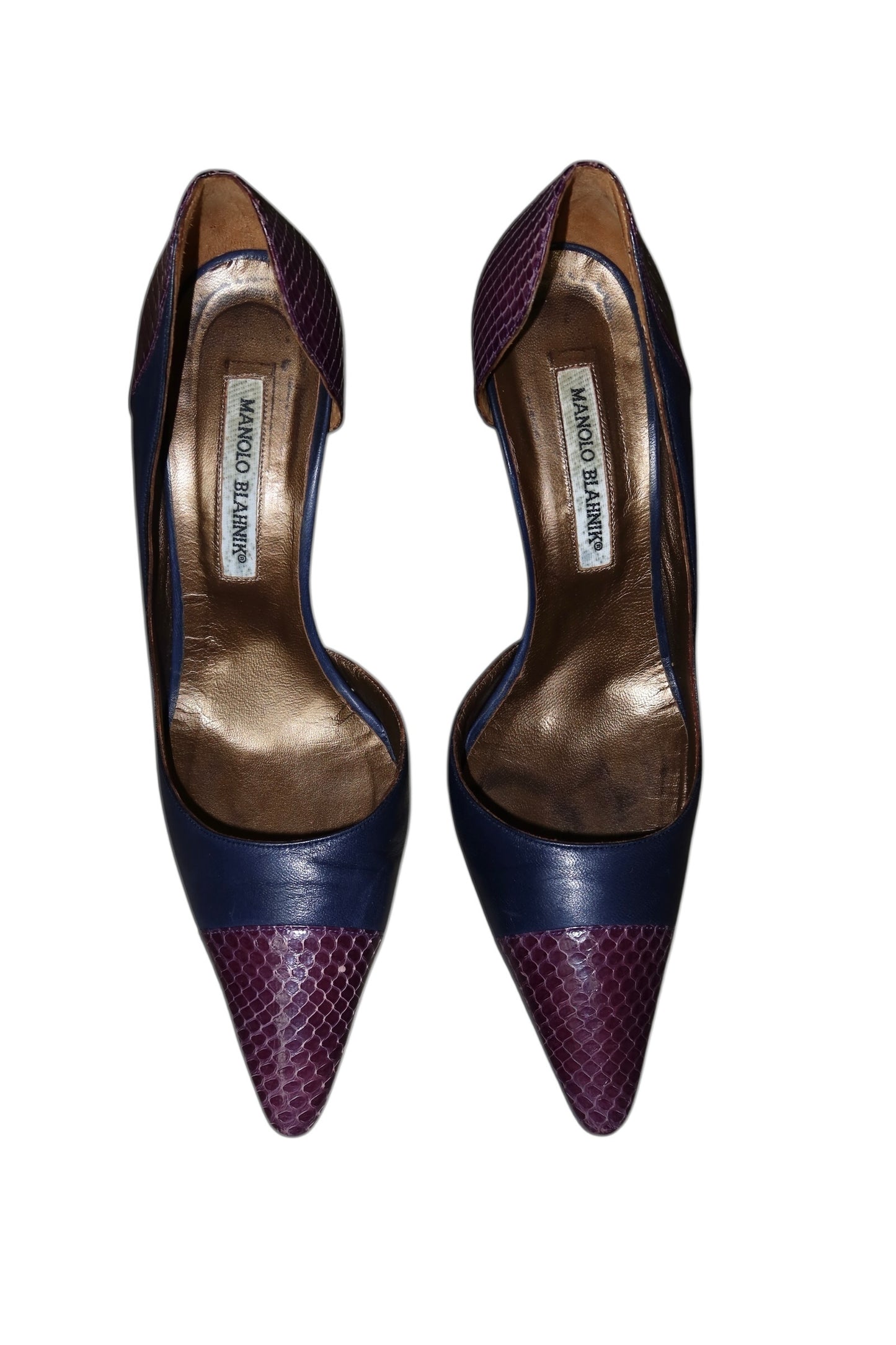 Manolo Blahnik blue leather and purple snakeskin toe heels (39.5)