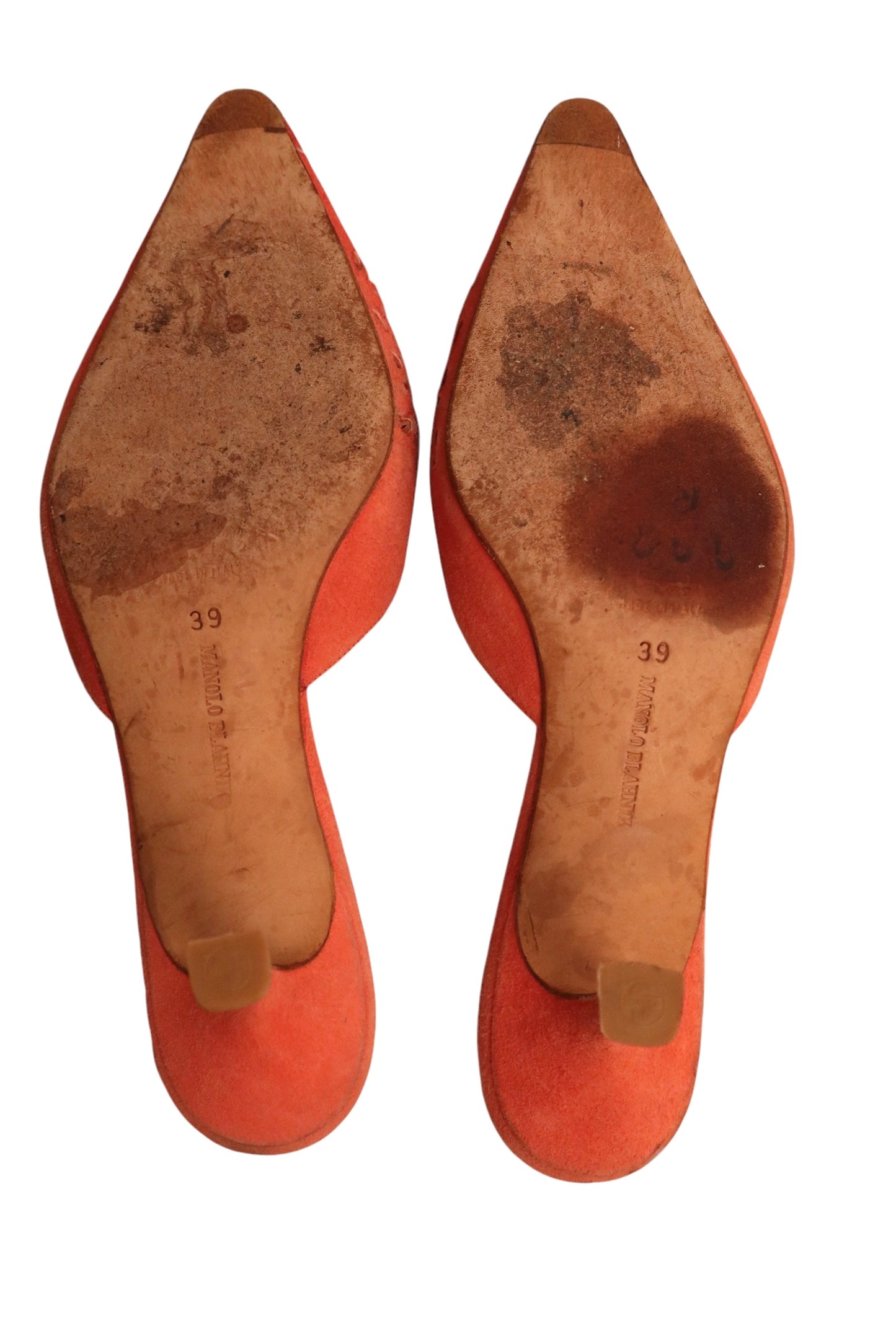 Manolo Blahnik salmon laser cut suede mules (39)