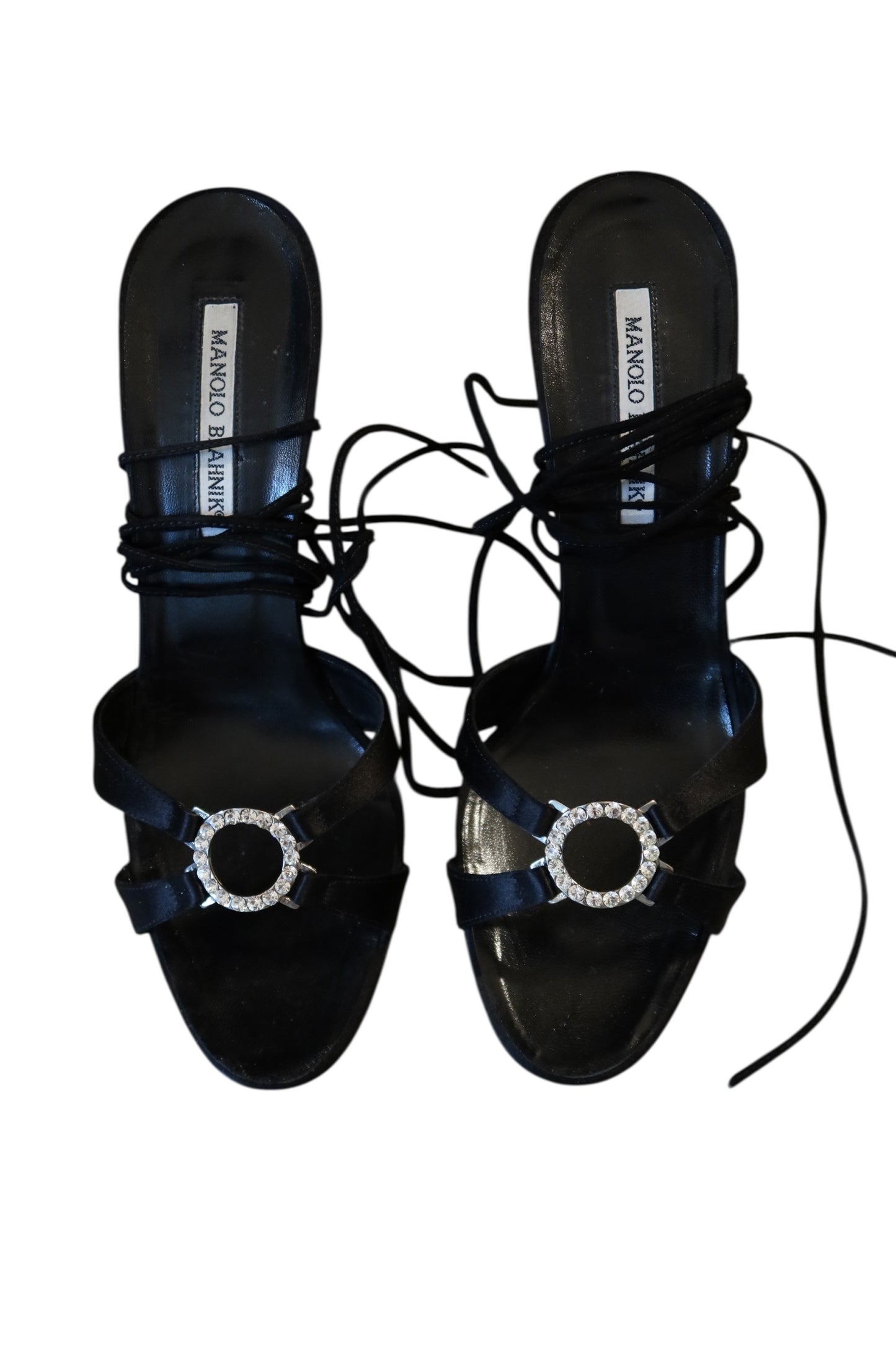Manolo Blahnik black satin heels with crystal buckle embellishment (38.5)