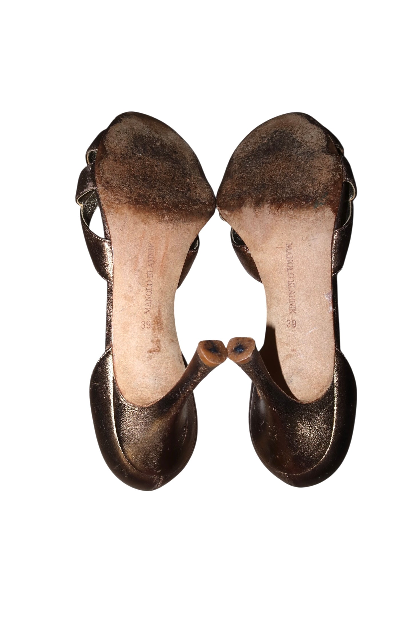 Manolo Blahnik gold open toe heels (39)