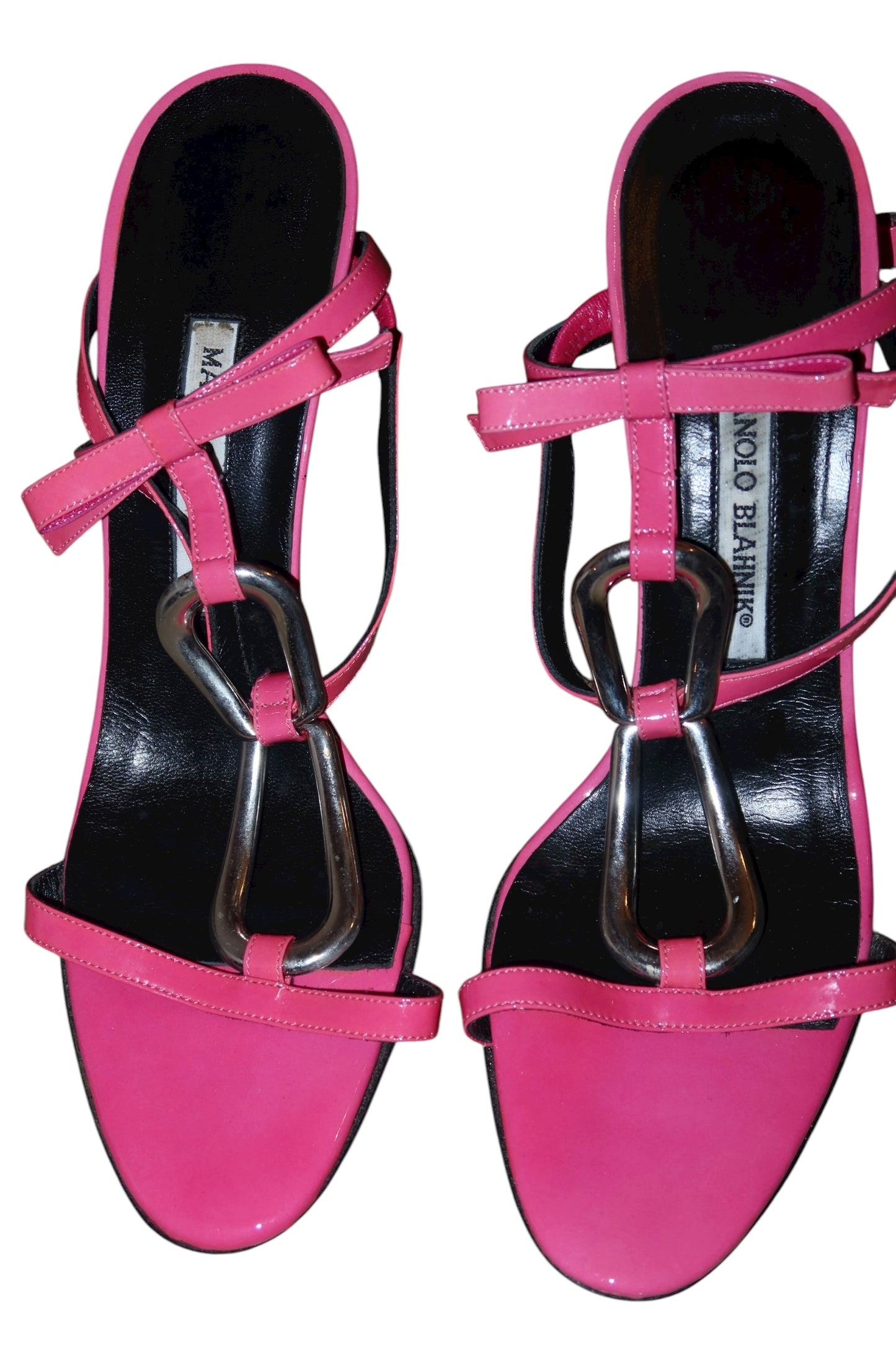 Manolo Blahnik hot pink heels with geometric hardware and bow details (39.5)