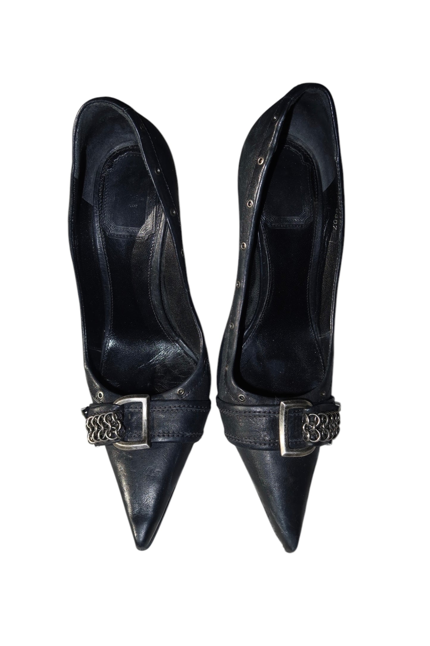 Dior black leather heels with iconic D buckle chain embellishment (36.5)