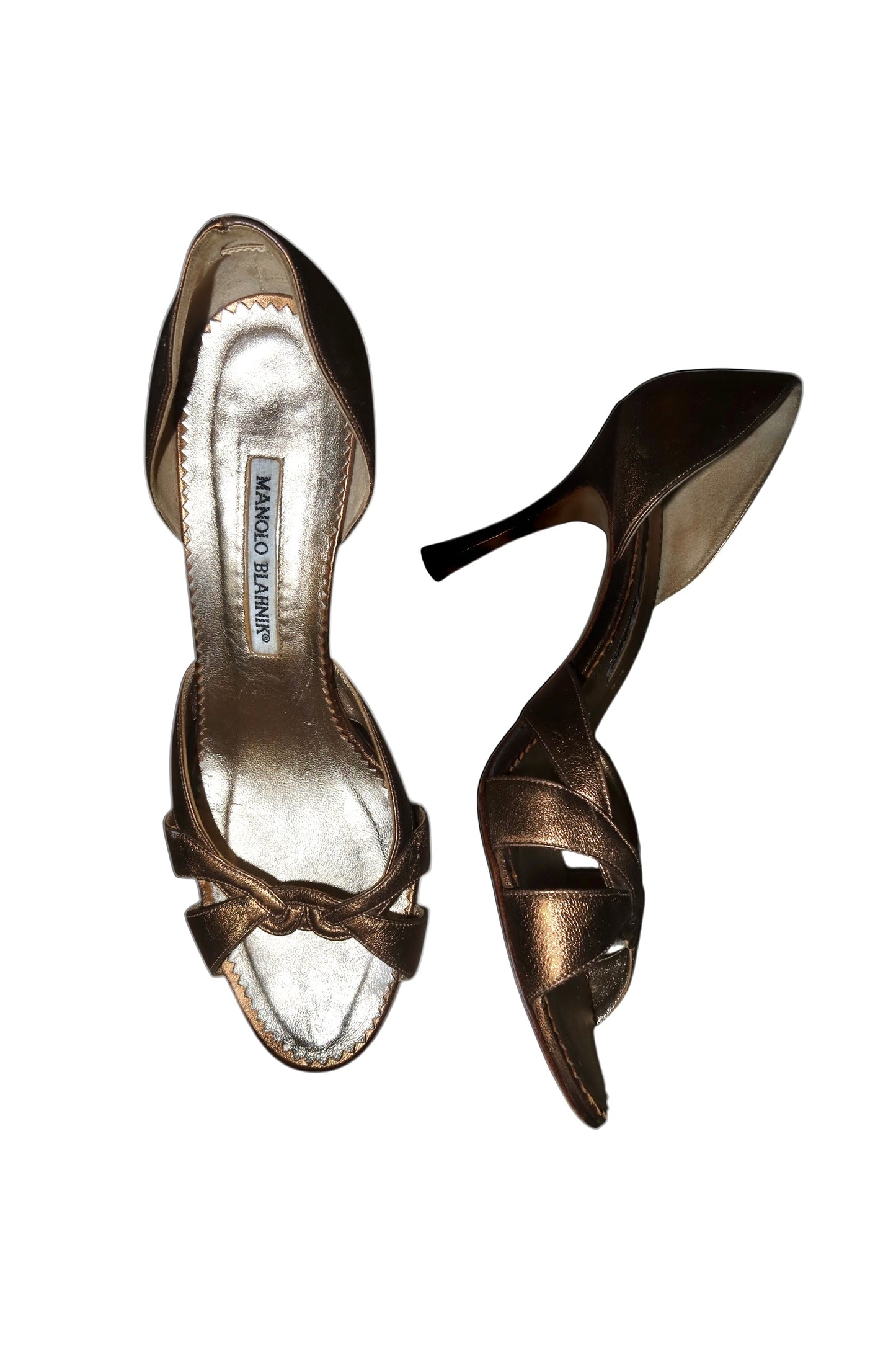 Manolo Blahnik gold open toe heels (39)