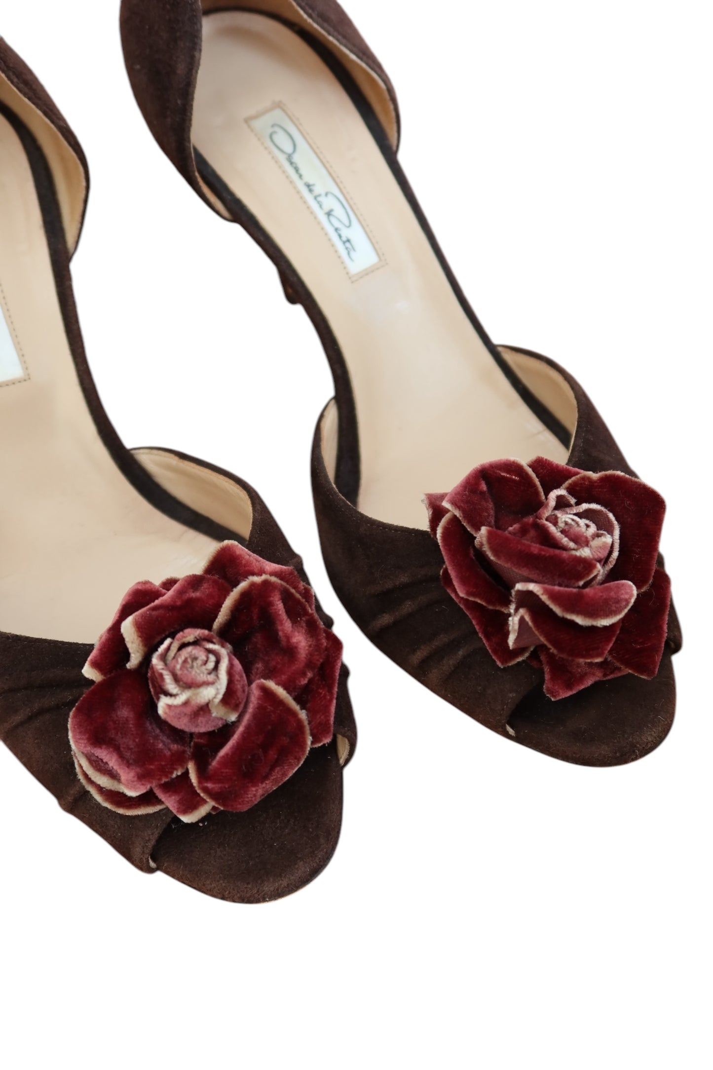 Oscar de la Renta brown peep toe heels with rose detail (38.5)