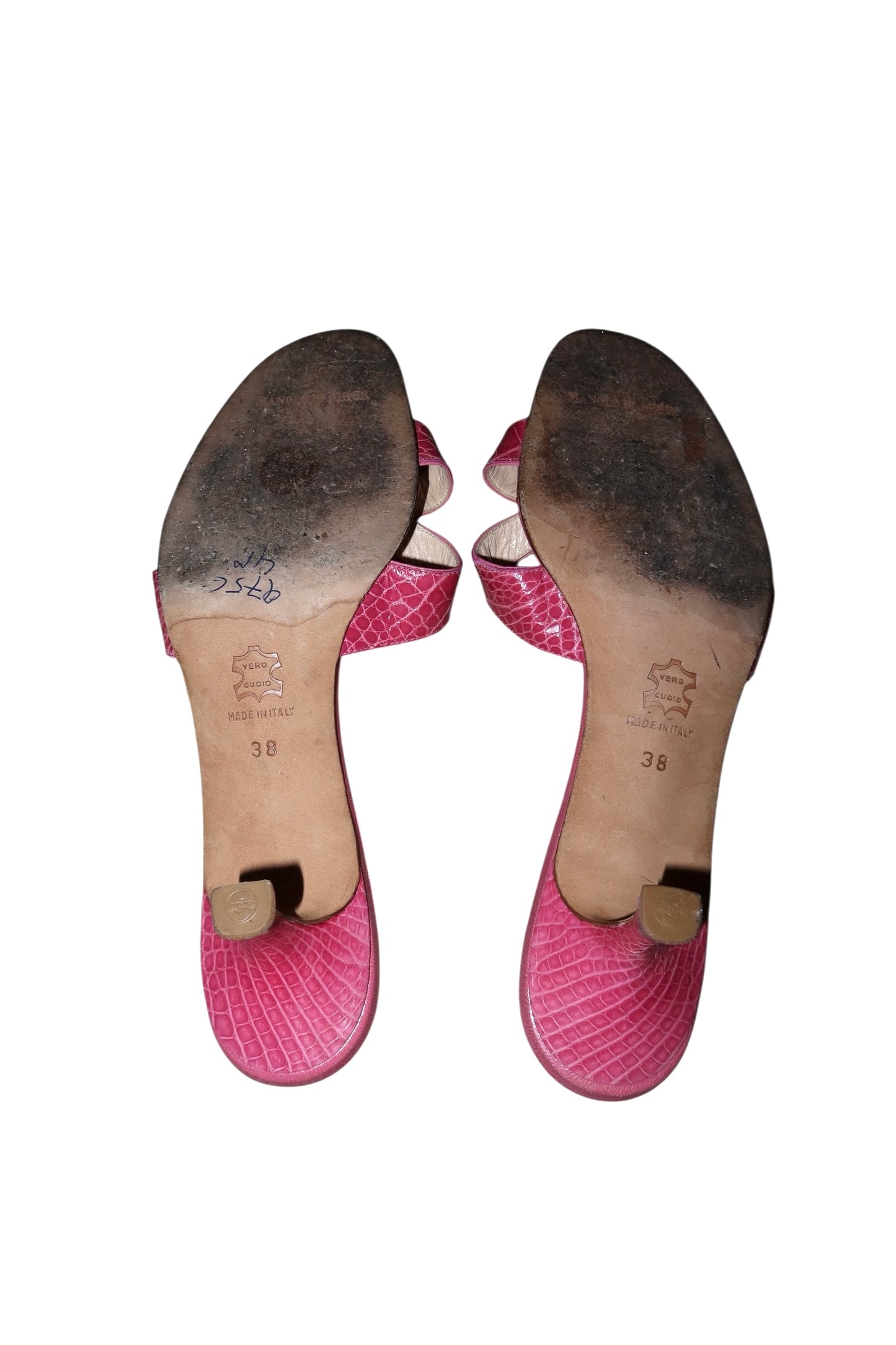 Manolo Blahnik pink lizard sandal heels (38)