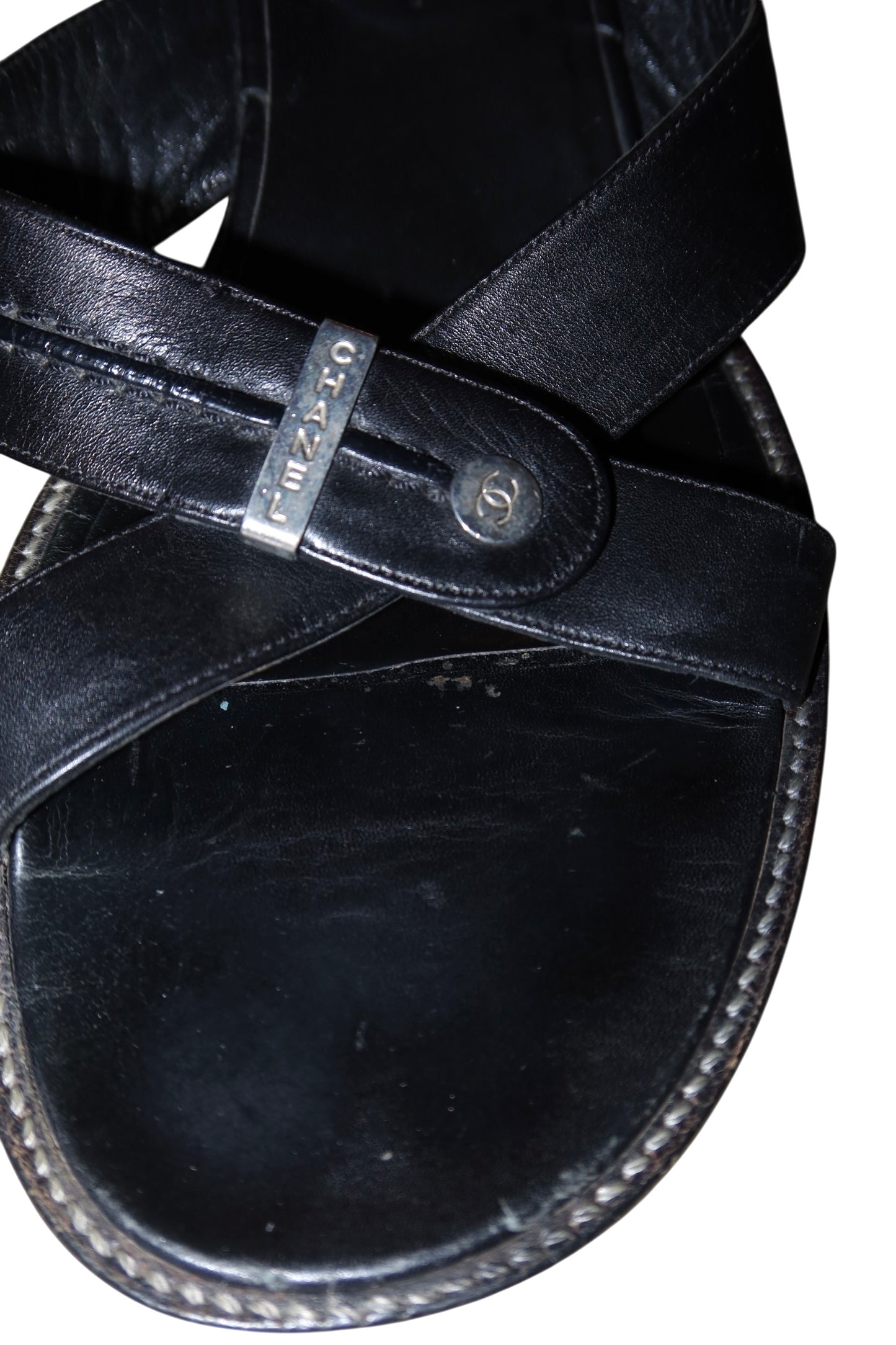 Chanel black leather sandal mules with silver details (40.5)
