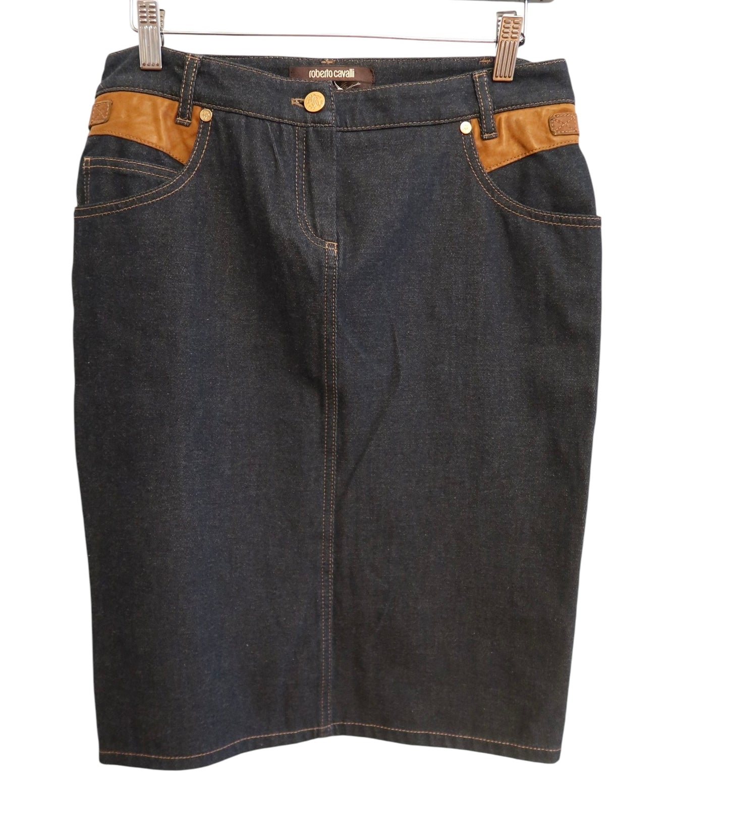 Roberto Cavalli denim skirt with leather camel colored trim size 42