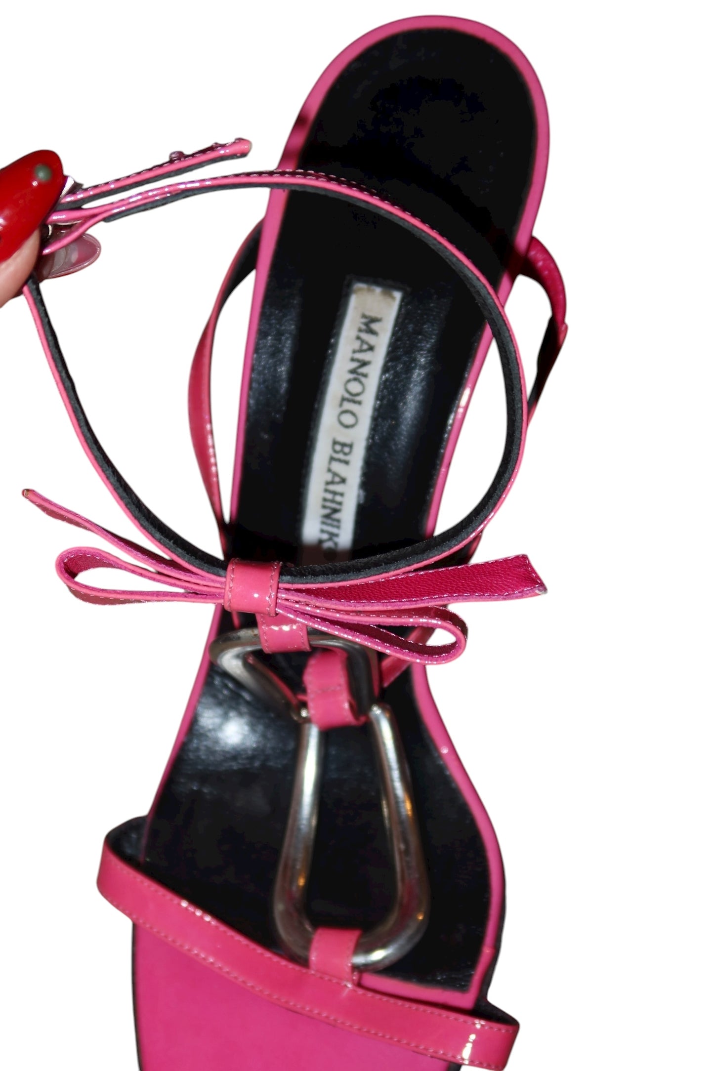 Manolo Blahnik hot pink heels with geometric hardware and bow details (39.5)