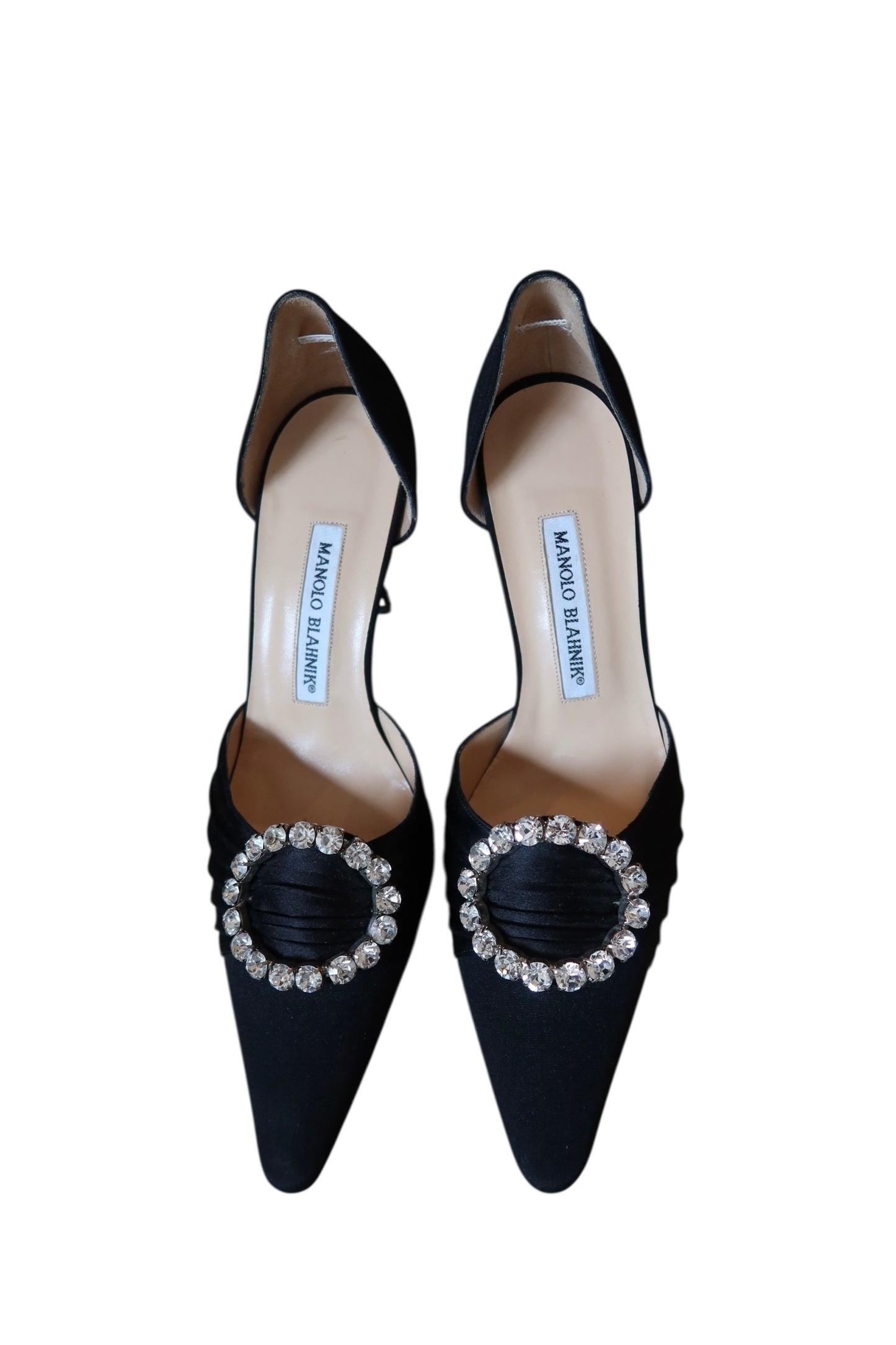 Manolo Blahnik black satin heels with crystal circle buckle (37)