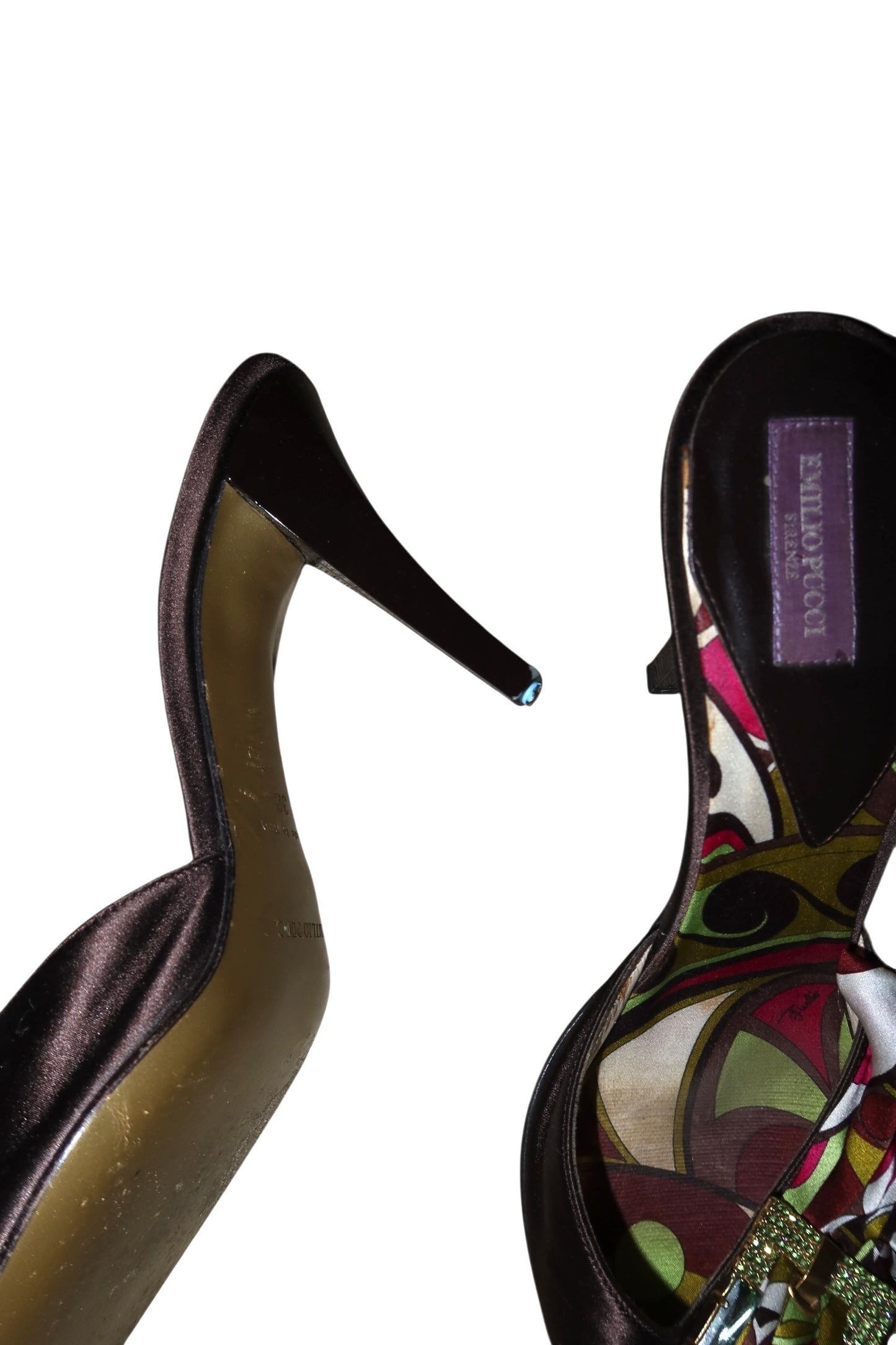 Emilio Pucci brown satin heels with multi color scarf and rhinestone buckle (38)