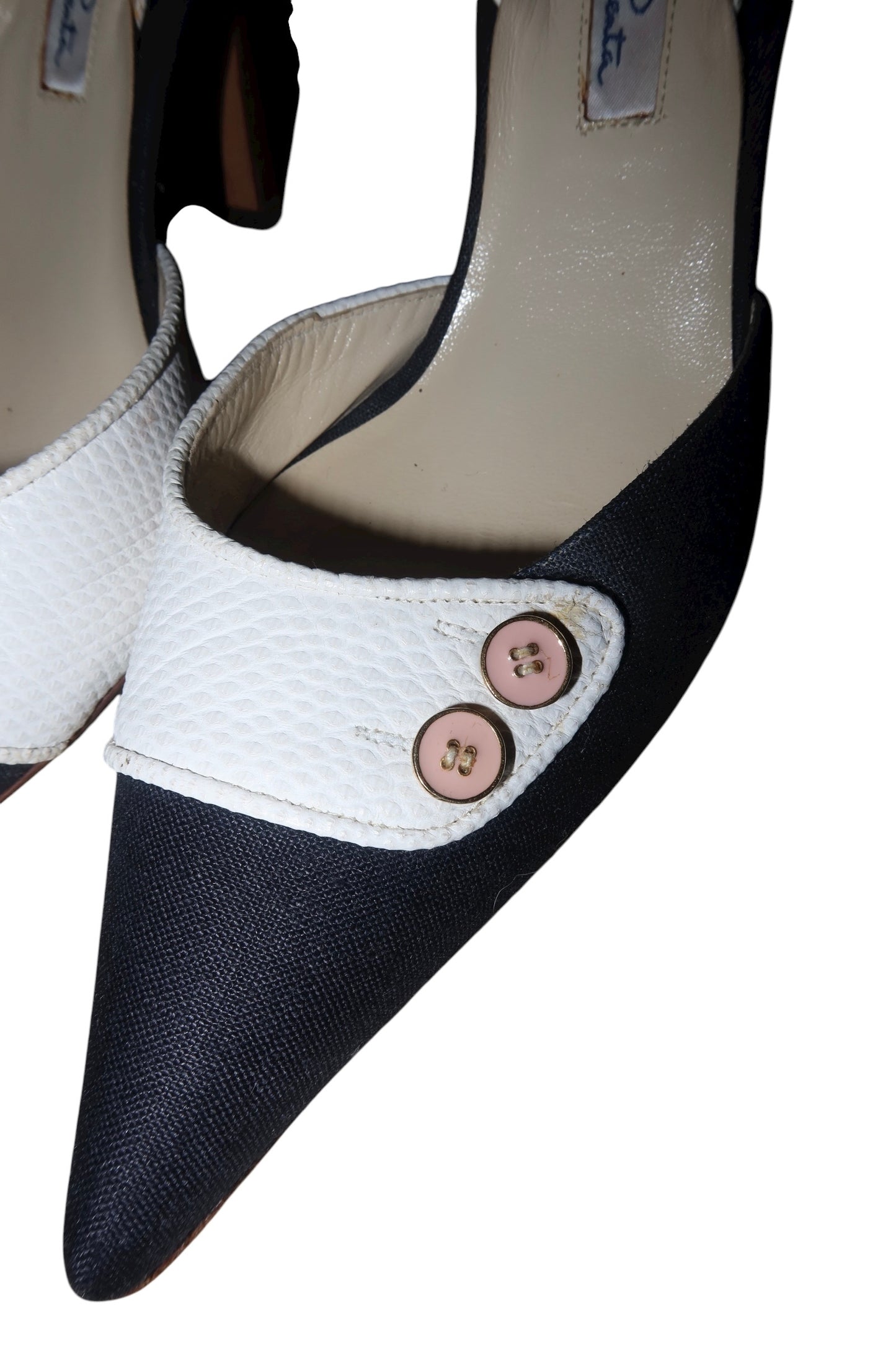 Oscar de la Renta navy canvas white leather heels with buttons (6B)