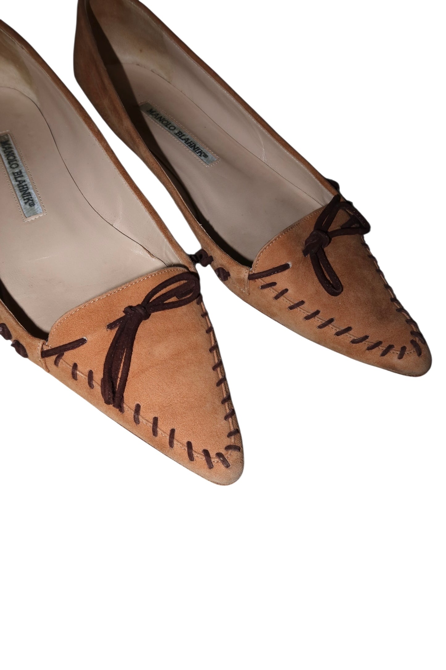 Manolo Blahnik camel suede flats with brown bows and details (38.5)