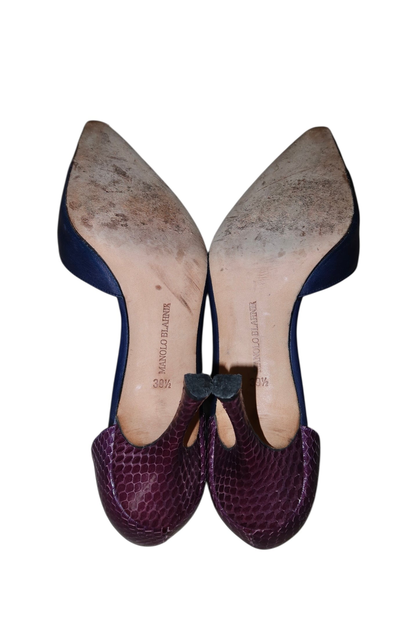 Manolo Blahnik blue leather and purple snakeskin toe heels (39.5)