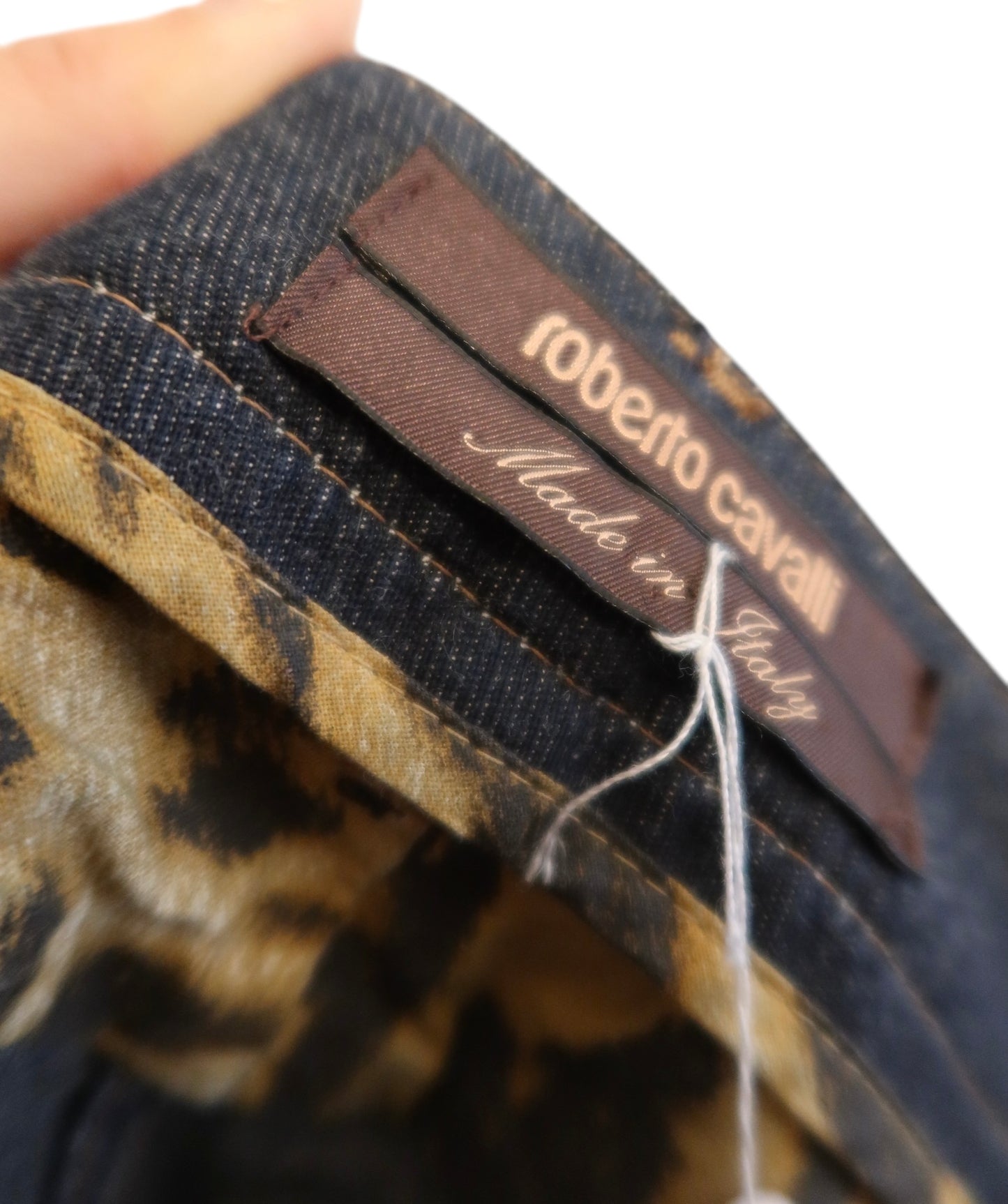 Roberto Cavalli denim skirt with leather camel colored trim size 42