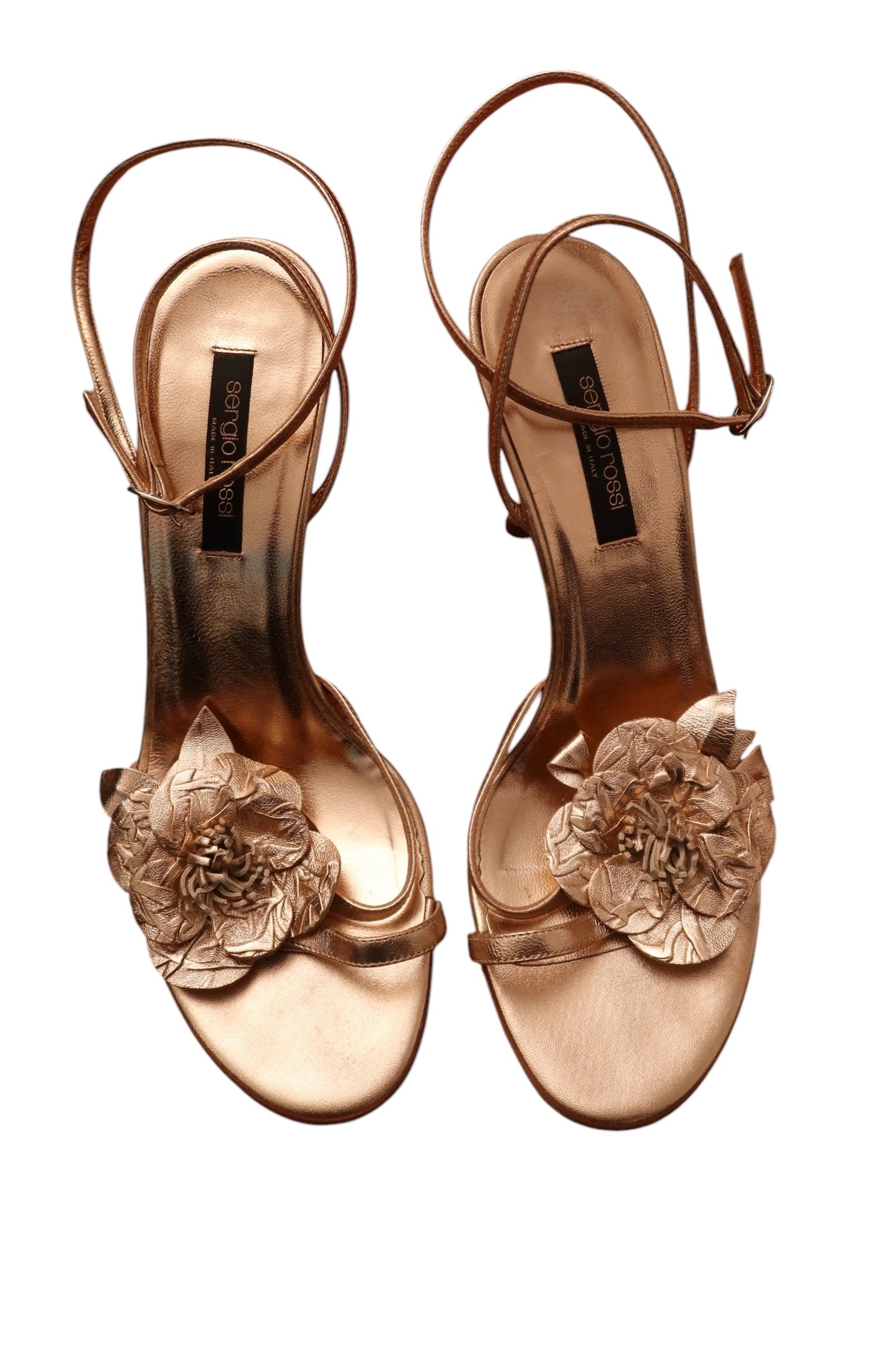 Sergio Rossi rose gold strappy heels with flower embellishment (38)
