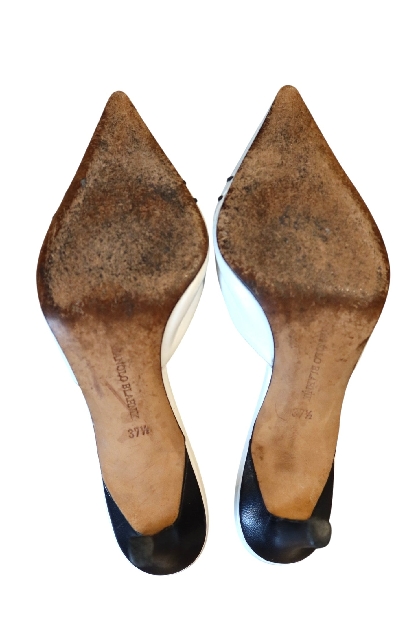 Manolo Blahnik white mules with navy bow detail (37.5)