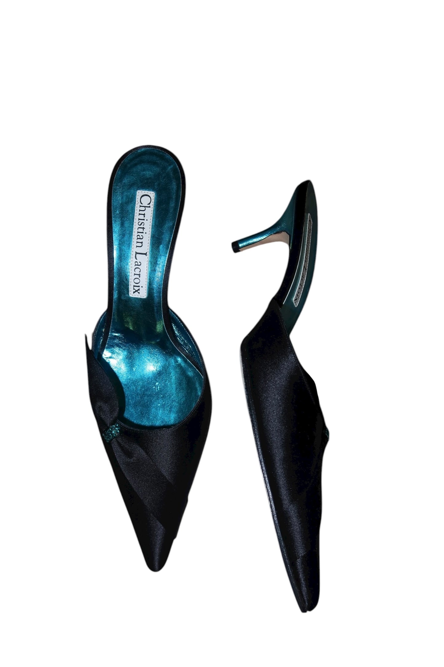 Christian Lacroix black satin heels with bow and blue rhinestone (37)