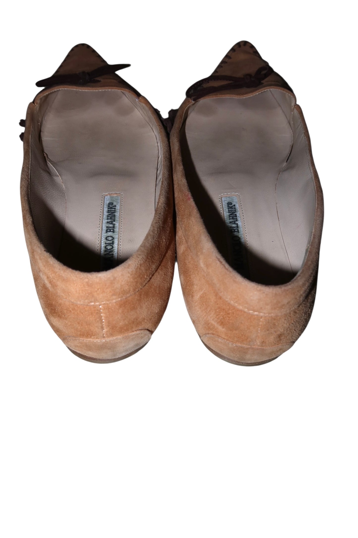 Manolo Blahnik camel suede flats with brown bows and details (38.5)