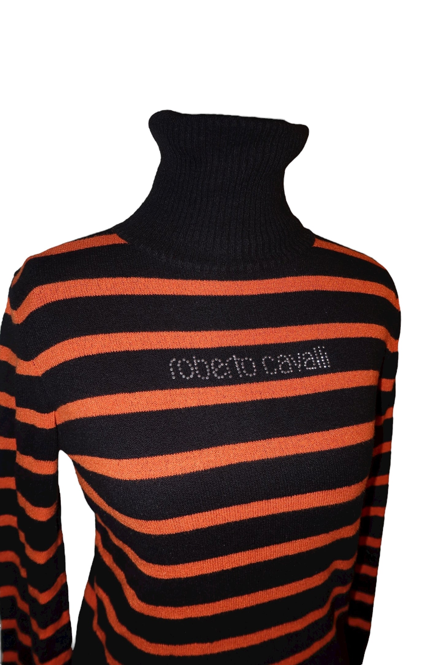 Just Cavalli black/orange striped turtleneck sweater with rhinestone logo (S)