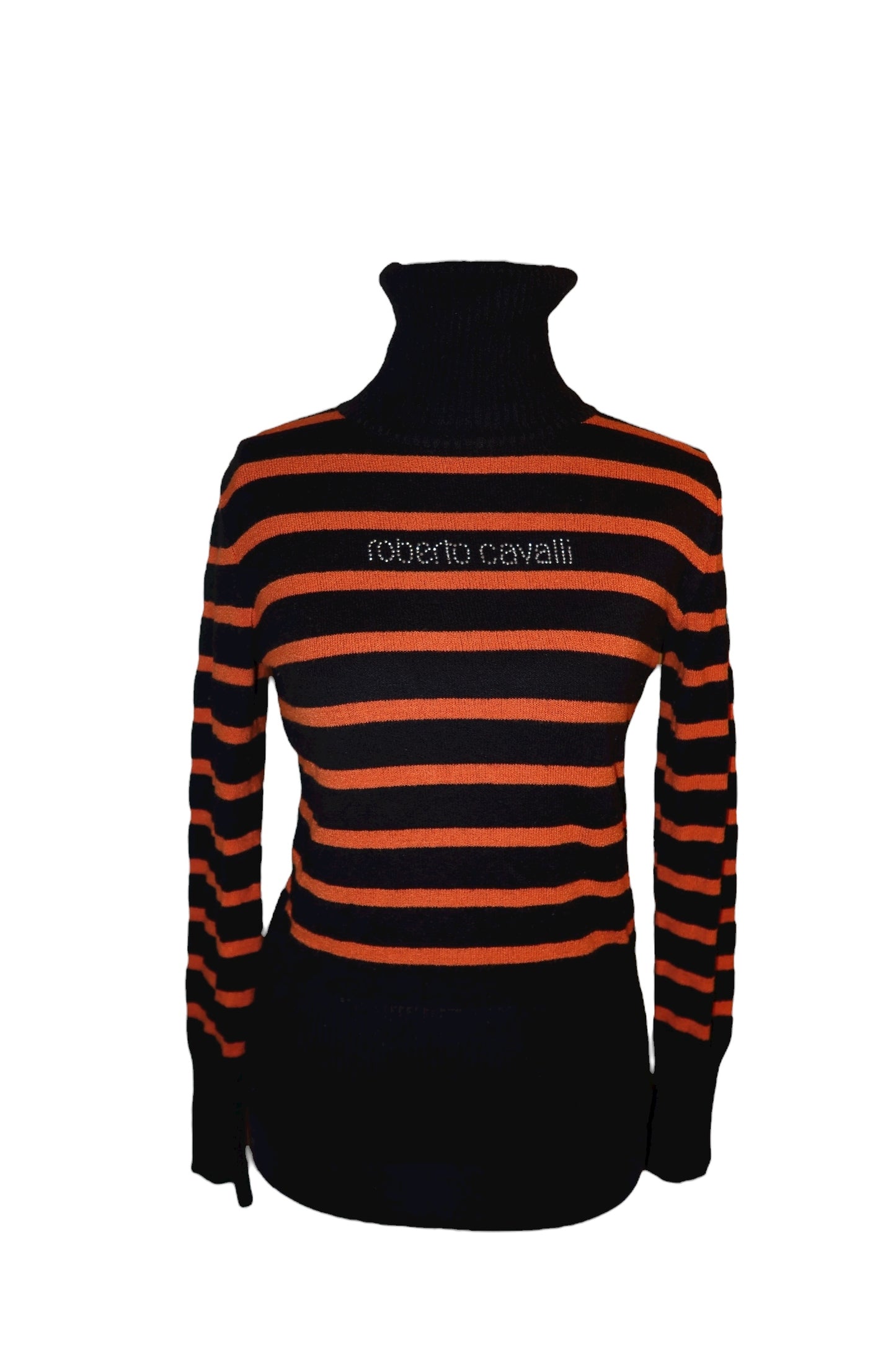 Just Cavalli black/orange striped turtleneck sweater with rhinestone logo (S)