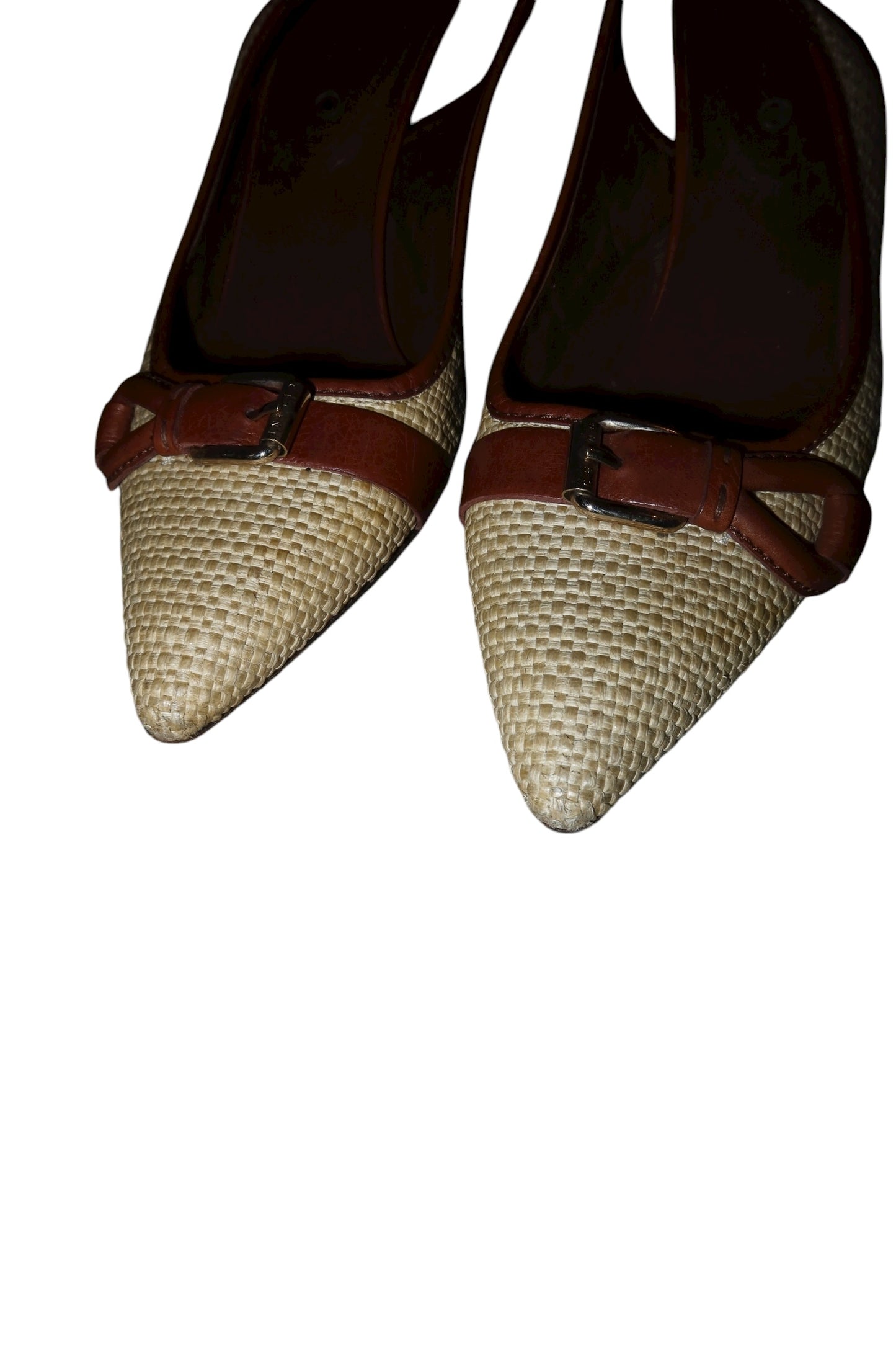 Celine raffia slingback heels with brown leather buckle accent (38.5)