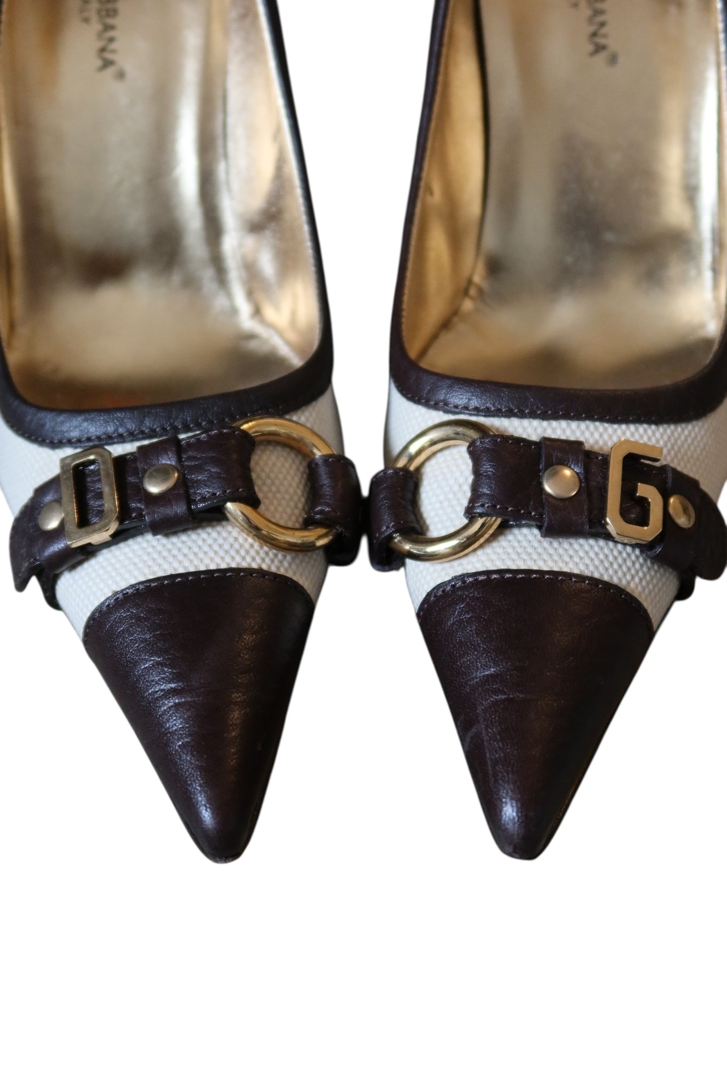 Dolce & Gabbana DG buckle canvas and brown leather heels (39.5)