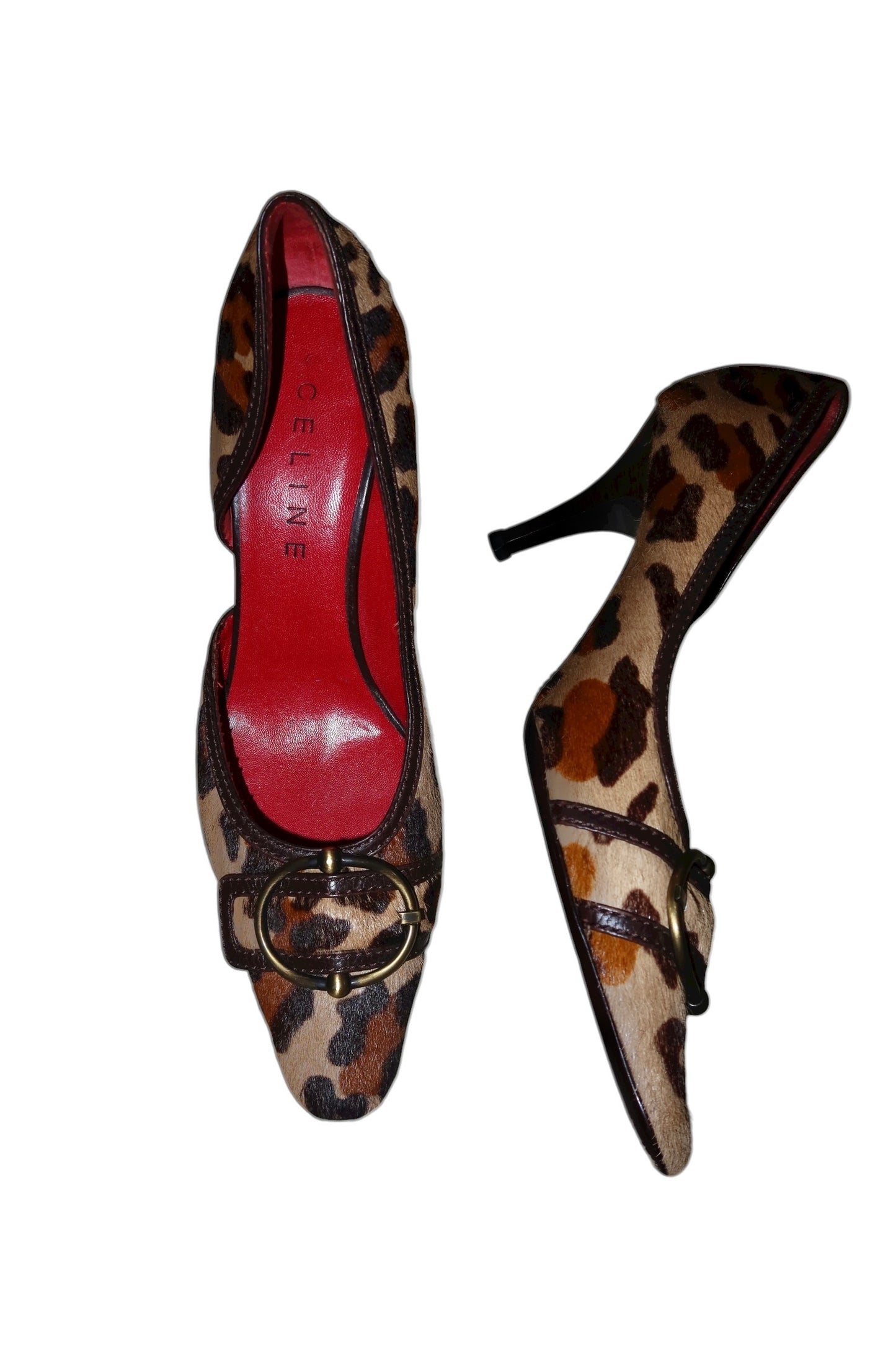 Celine leopard pony hair heels with gold hardware buckle (40B)
