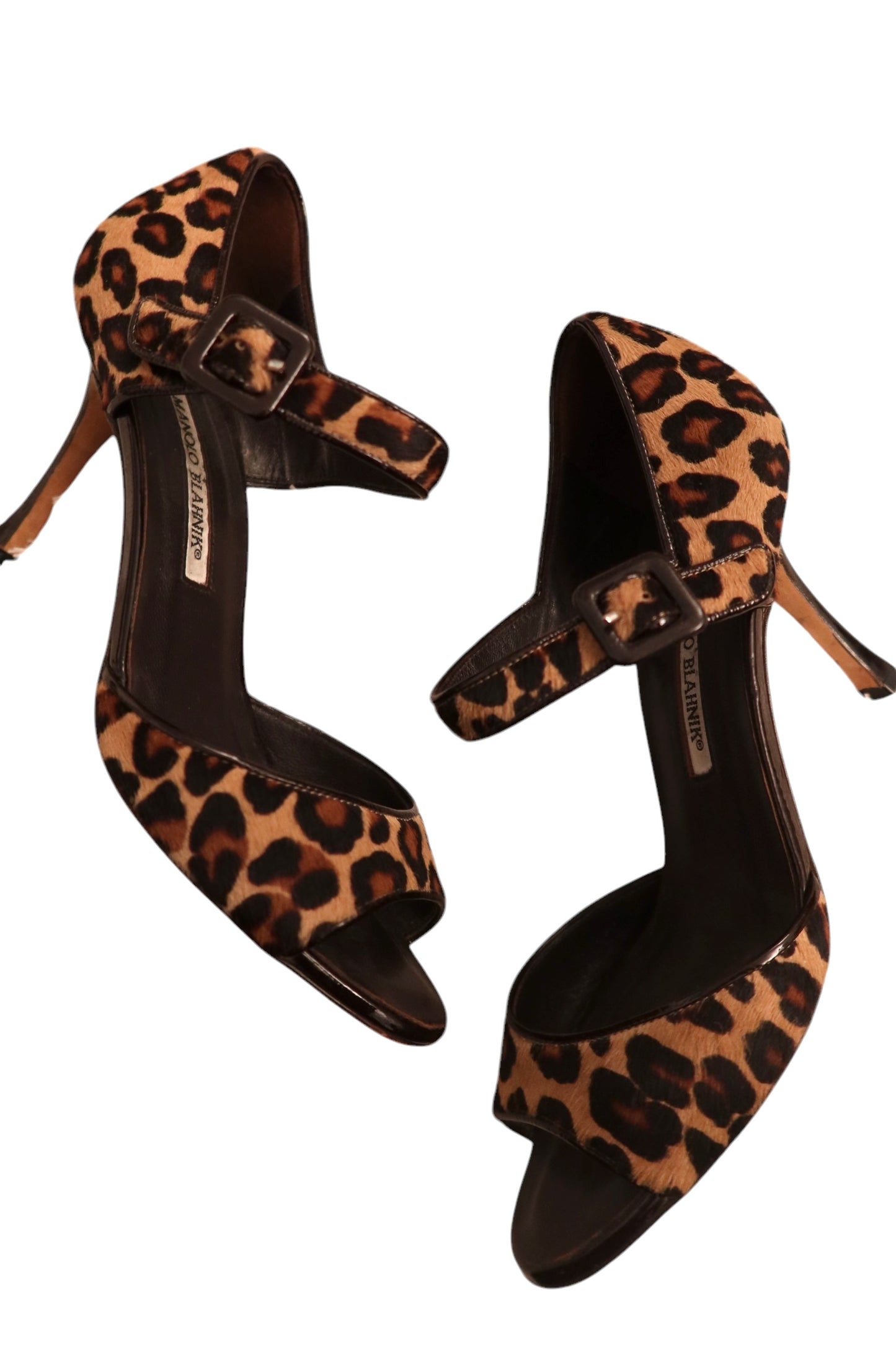 Manolo Blahnik leopard open toe heels with black buckle (38)