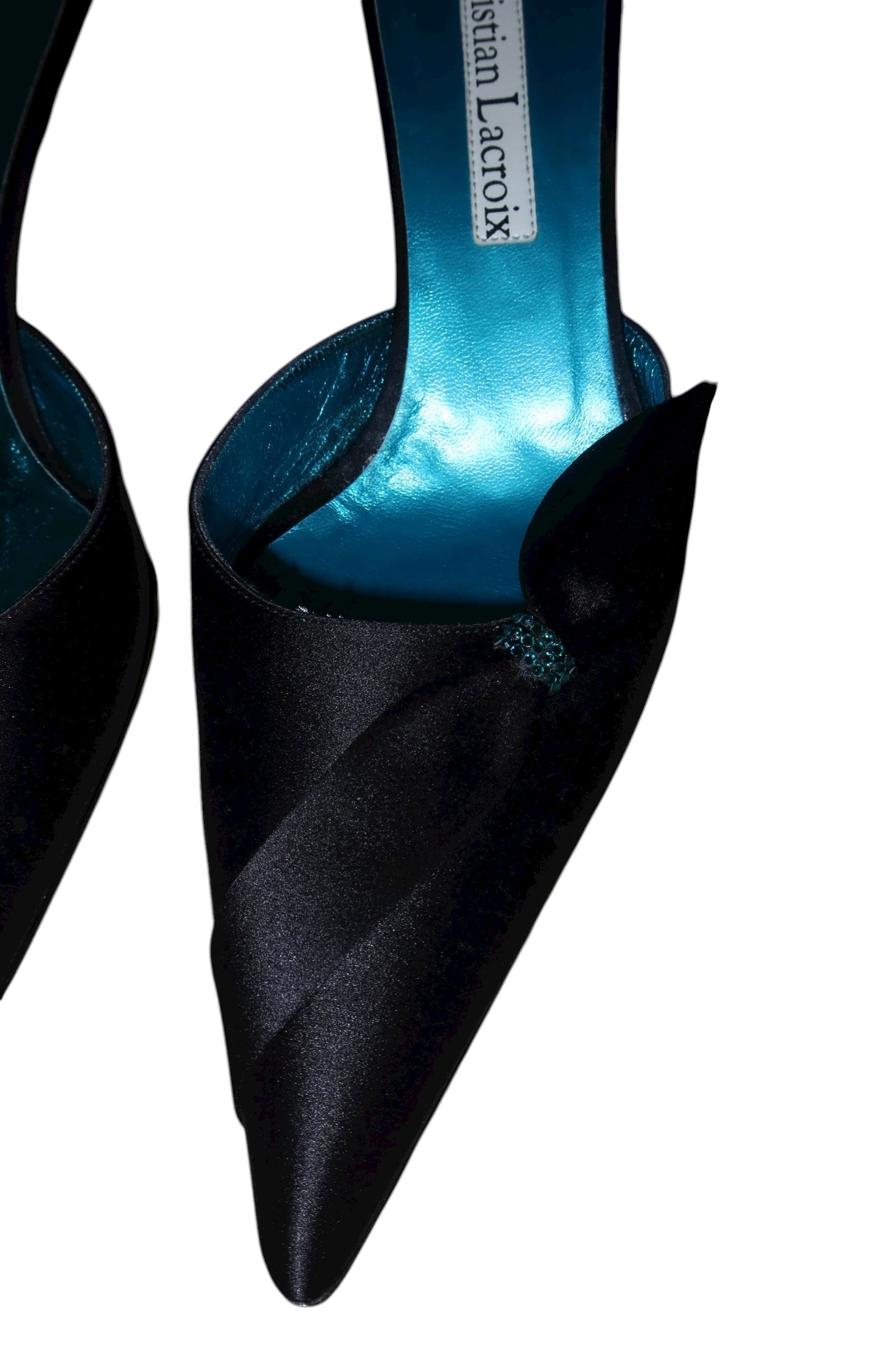 Christian Lacroix black satin heels with bow and blue rhinestone (37)