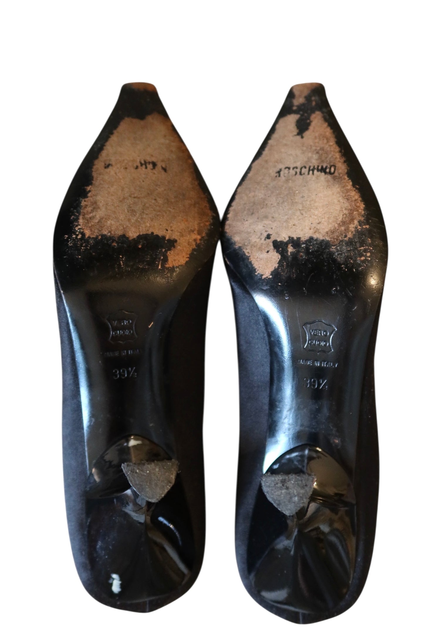 Moschino black satin heels with glitter hearts (39.5)