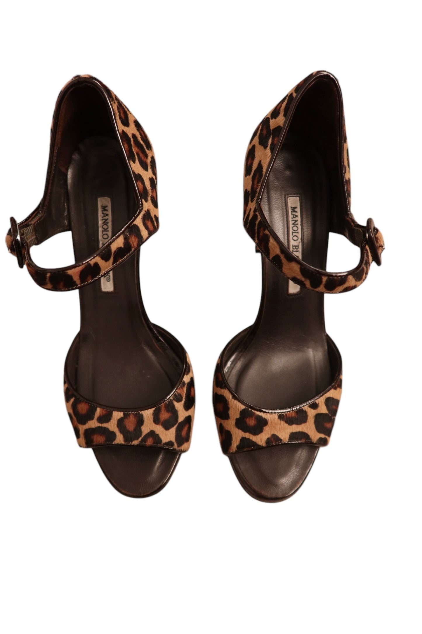 Manolo Blahnik leopard open toe heels with black buckle (38)