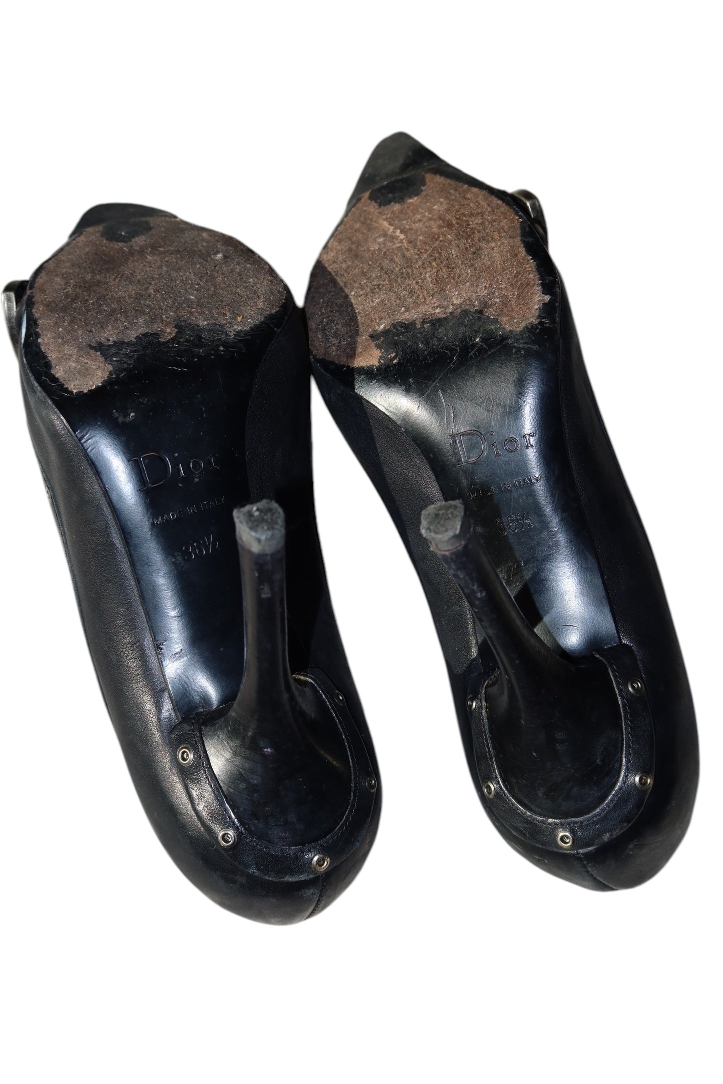 Dior black leather heels with iconic D buckle chain embellishment (36.5)