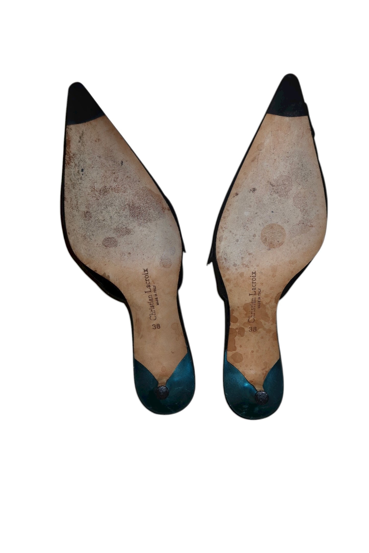 Christian Lacroix black satin heels with bow and blue rhinestone (38)