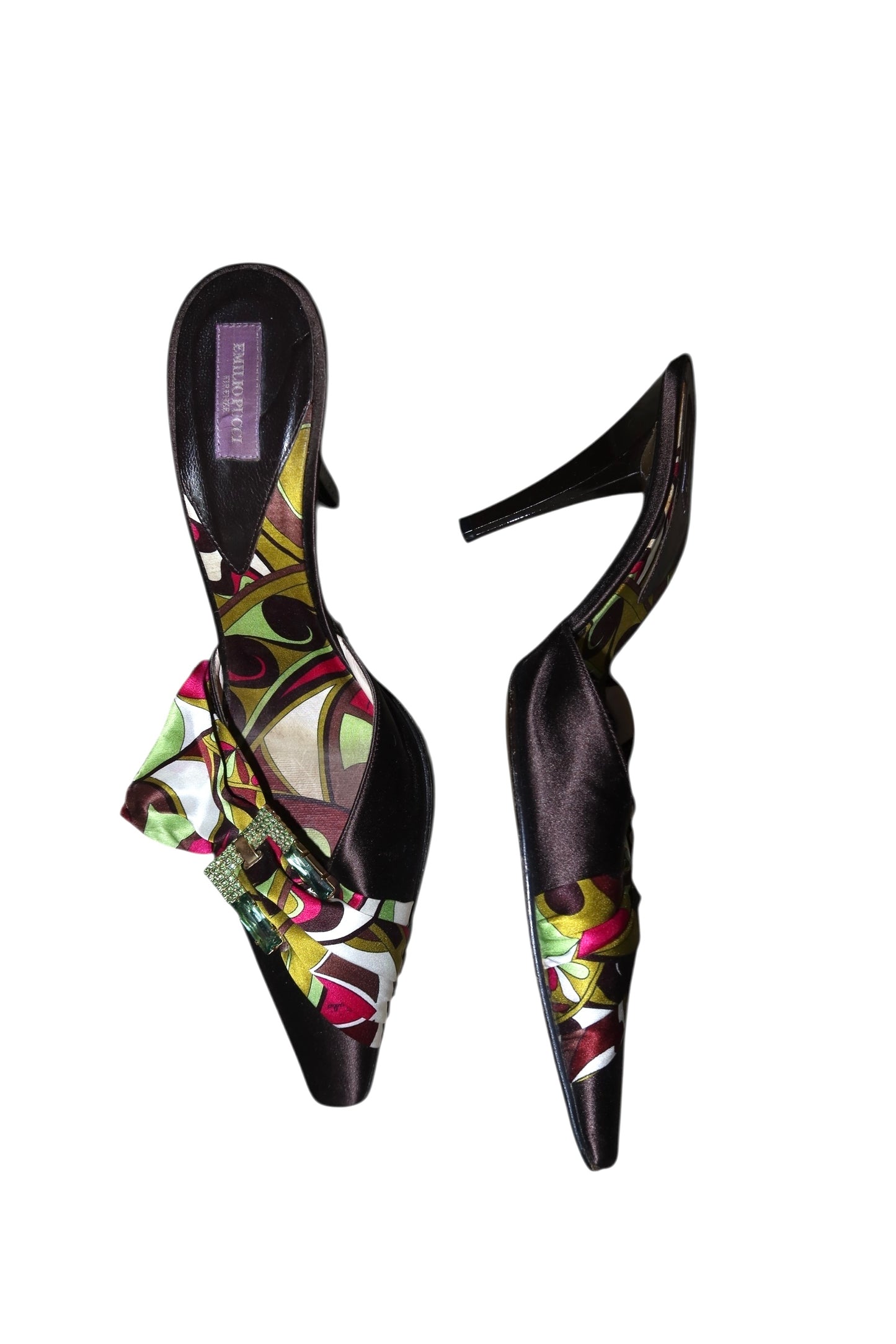 Emilio Pucci brown satin heels with multi color scarf and rhinestone buckle (38)