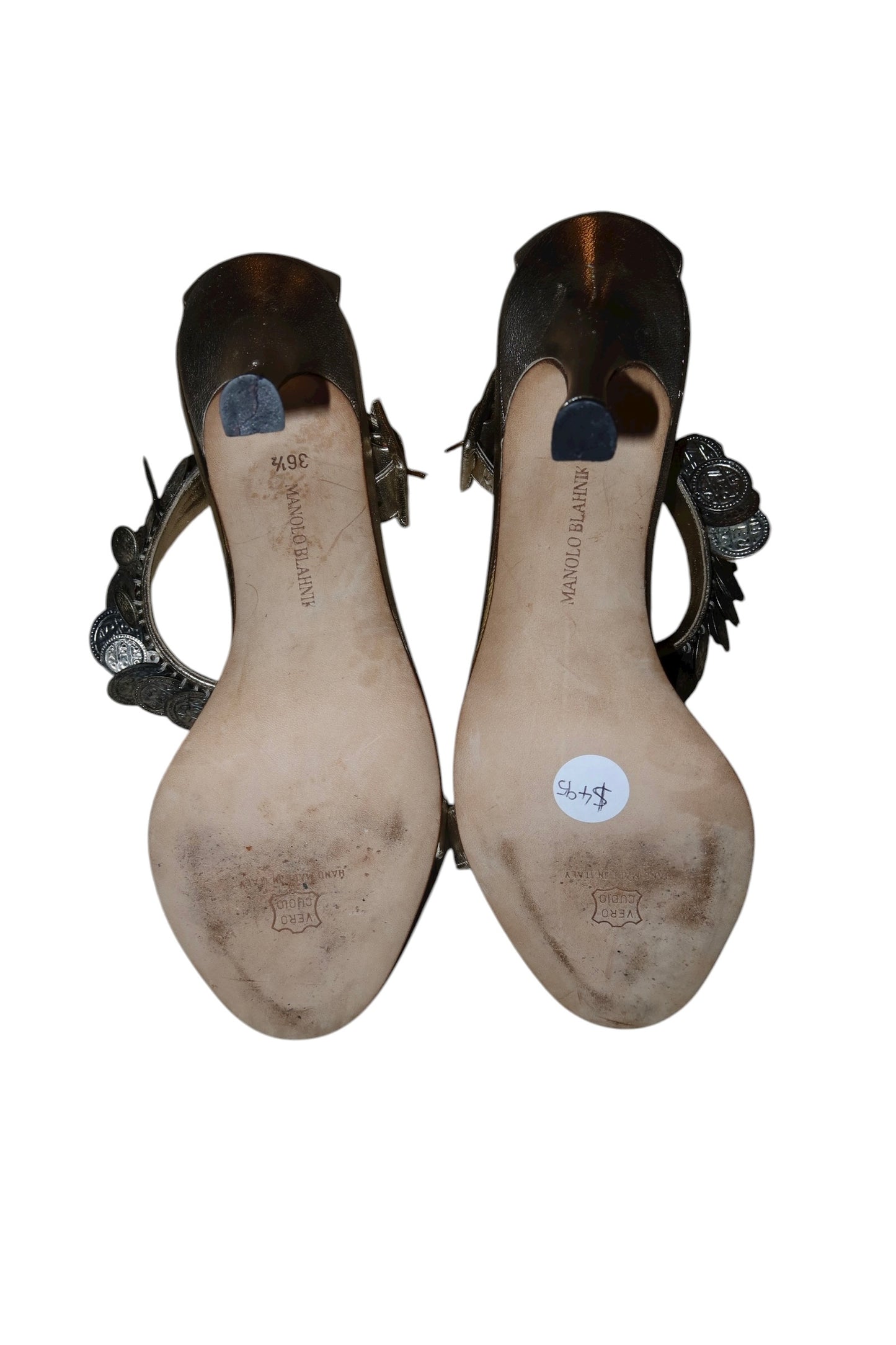 Manolo Blahnik gold heels with coins detail (36.5)