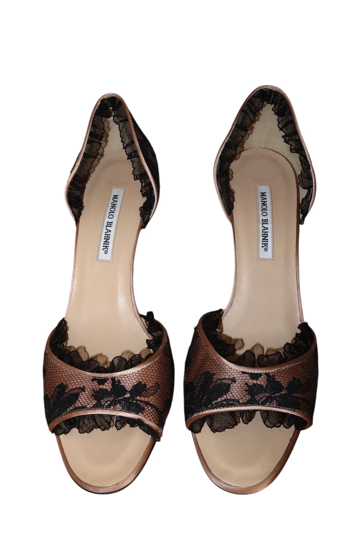 Manolo Blahnik pink and black lace heels (42)